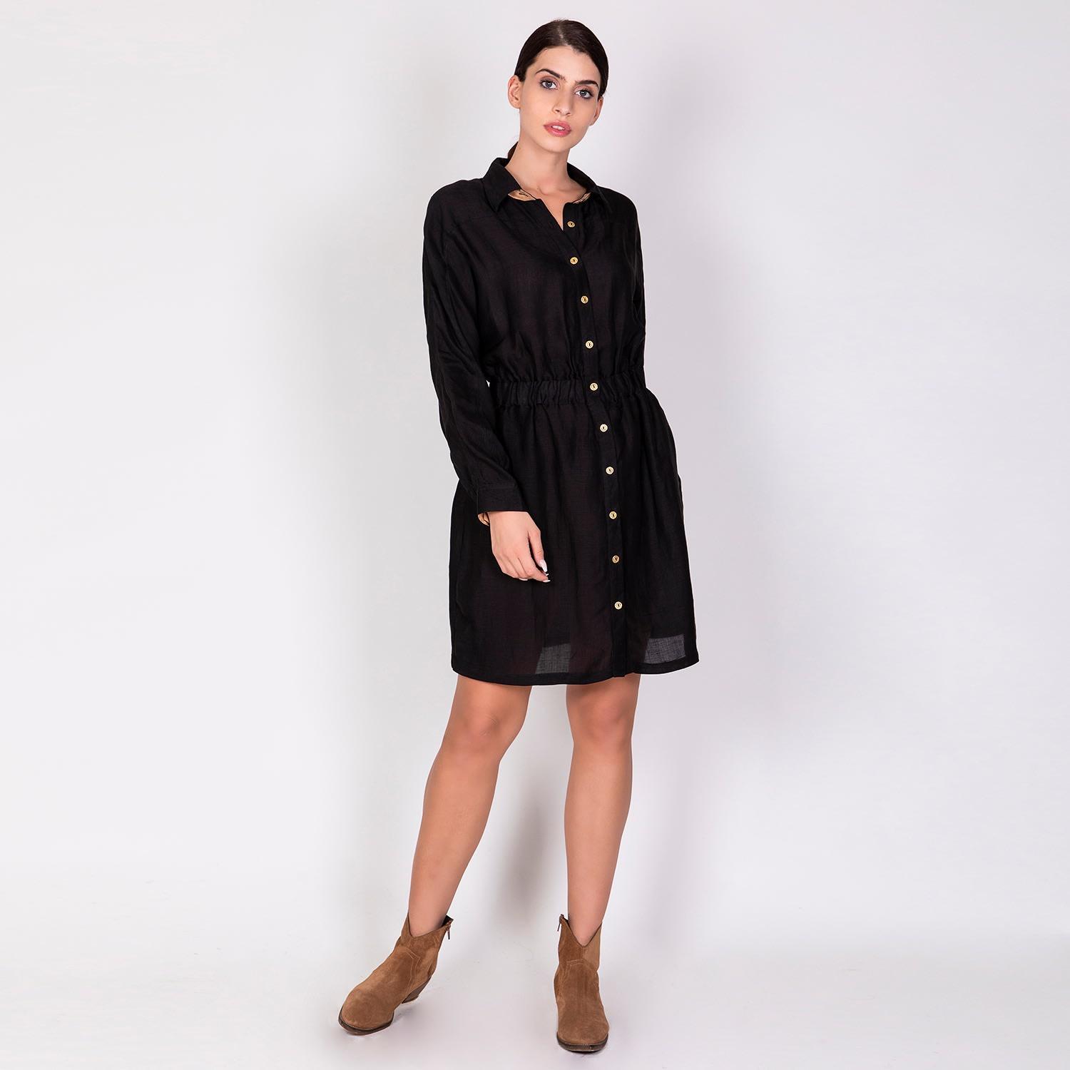 Haris Cotton Linen Blend Shirtdress With Elastic Waistband in Black Lyst