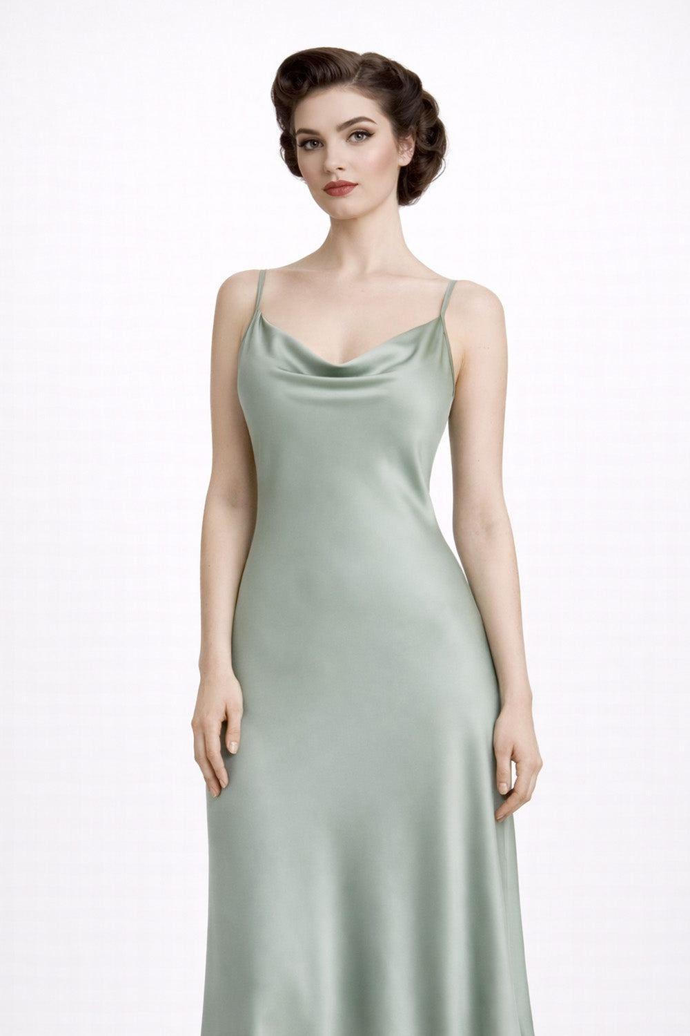 green emerald velvet dress Sage Green Satin Slip Maxi Dress – Gabi Swimwear main image 1
