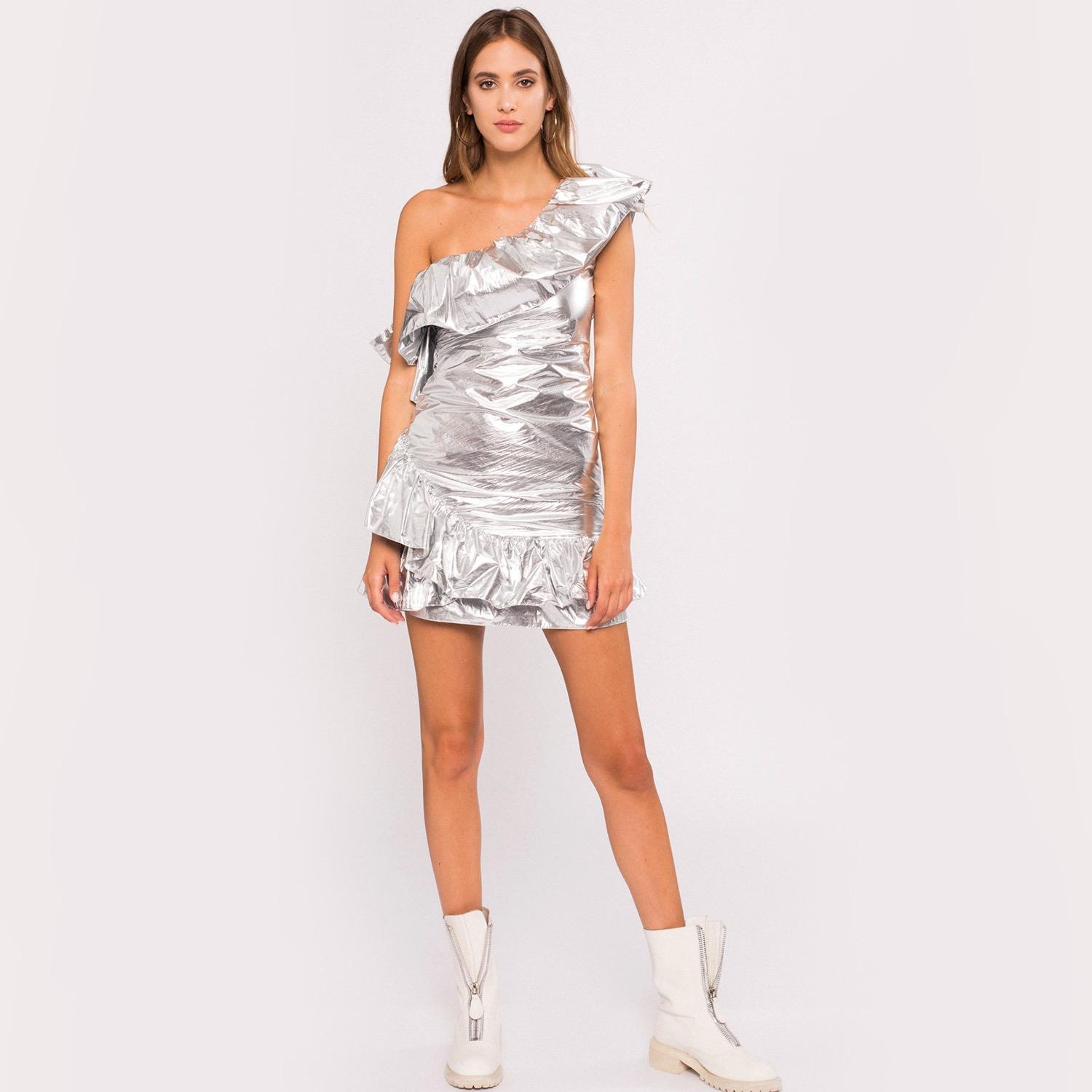 Nissa One Shoulder Silver Mini Dress in 