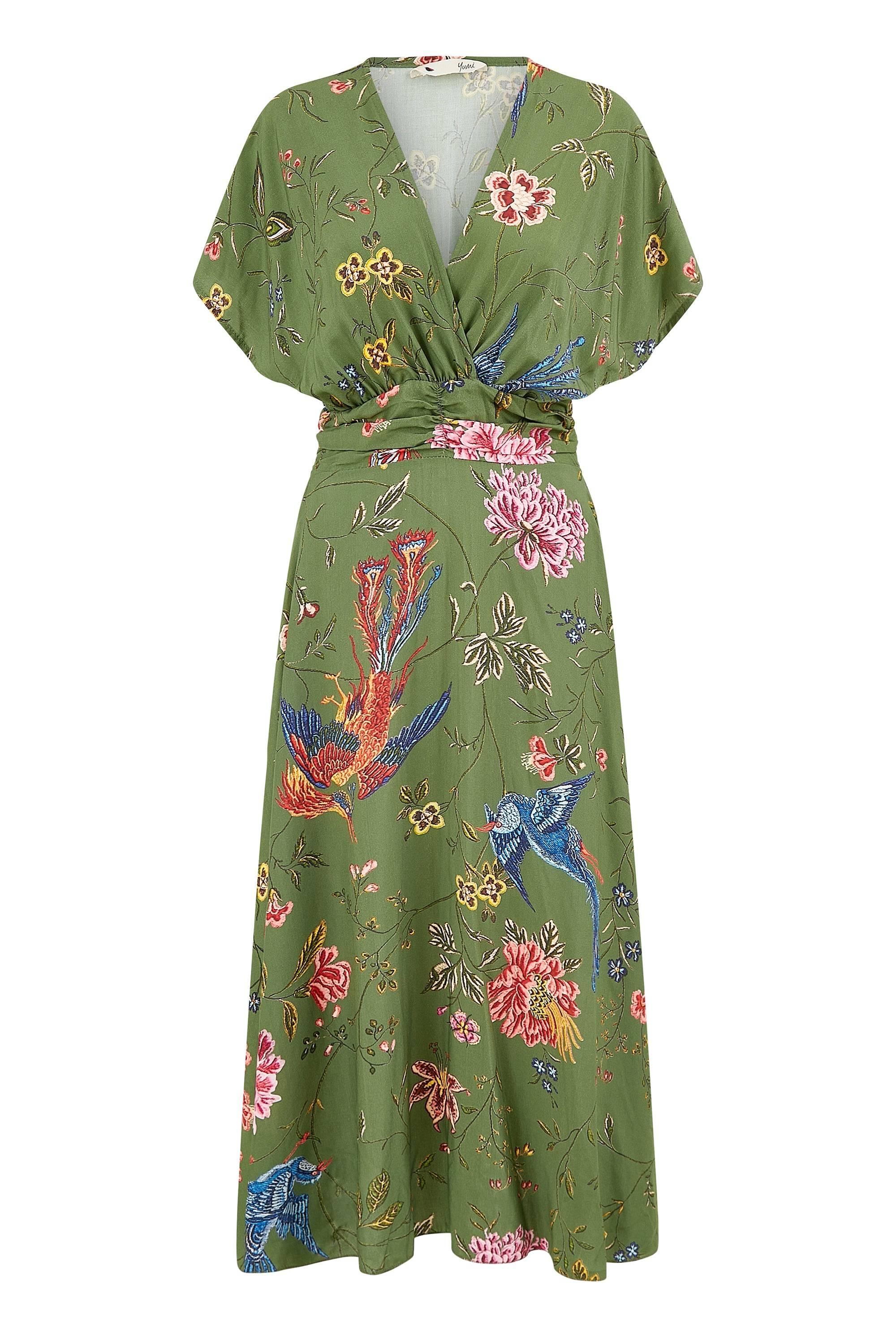 Yumi' Bird And Floral Print Ruched Waist Kimono Midi Dress in Green | Lyst