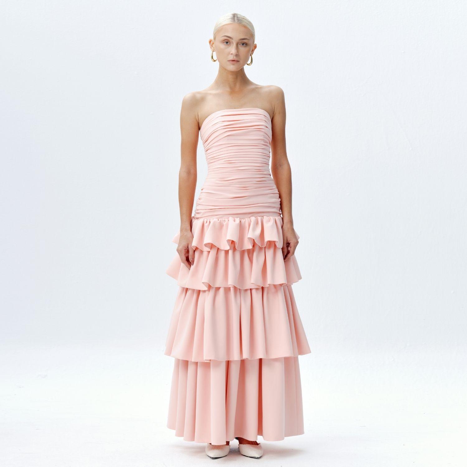 strapless open back dress Paris Gown, in Pink Stretch | Show Me Your Mumu