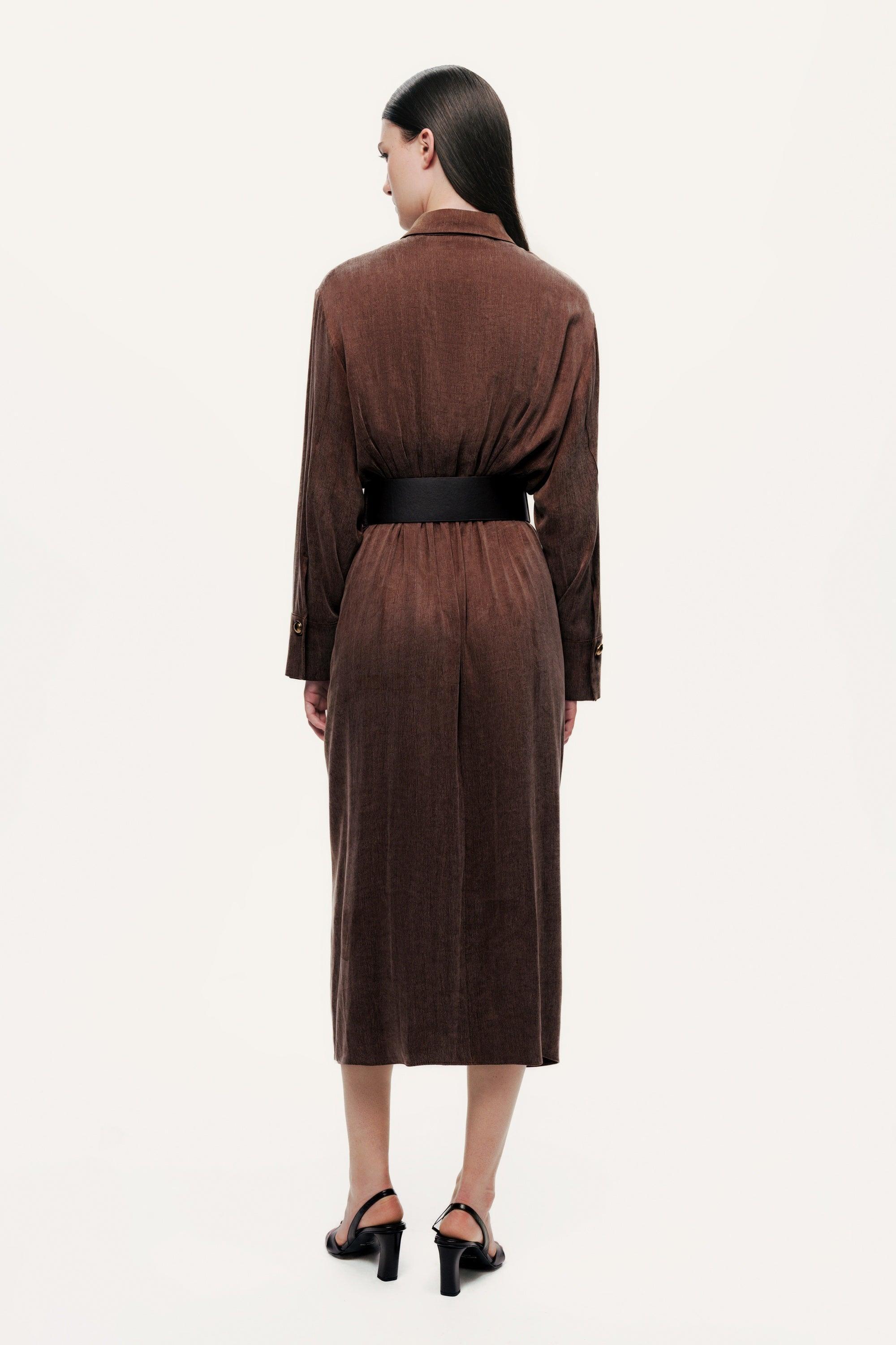 Nocturne Belted Draped Shirt-Collar Maxi Dress in Brown | Lyst