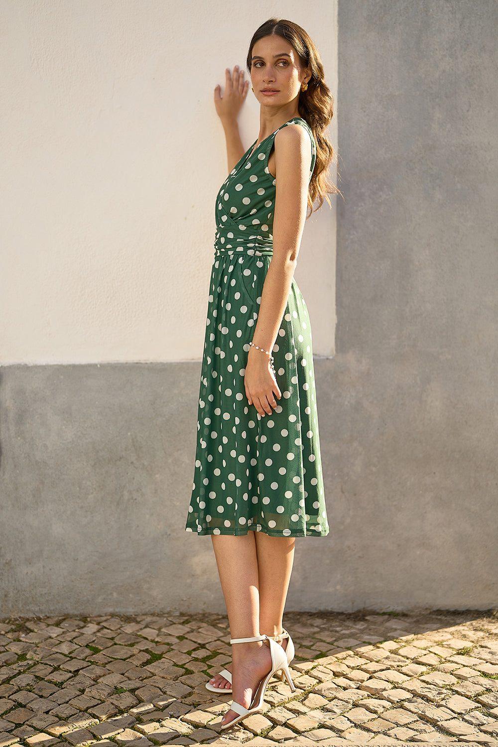 slim fit dress slacks Green Polka Dot Strappy Tailored Dress
