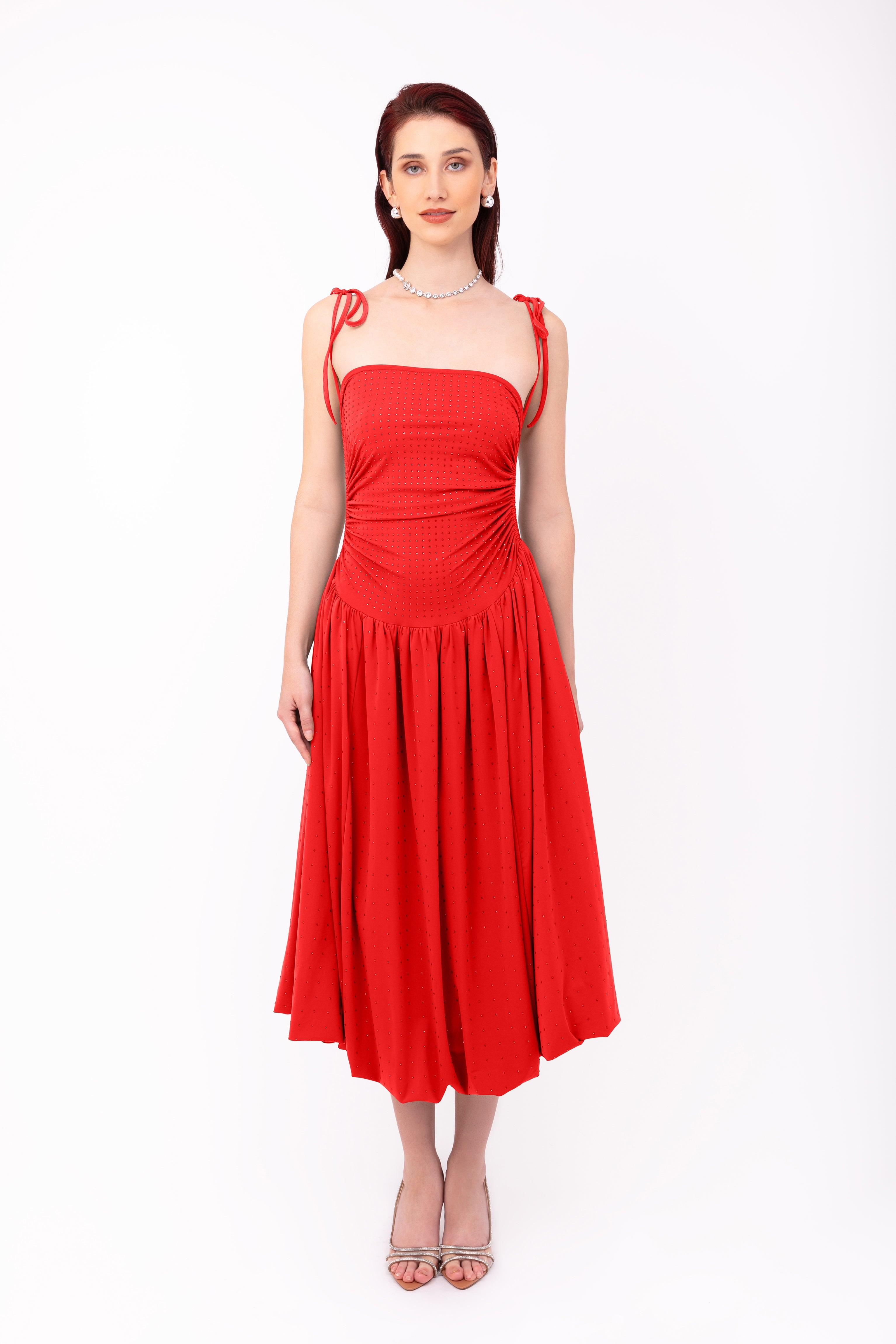 open lace back dress Alexa Red Drop Waist Dress with Satin Puffball Skirt