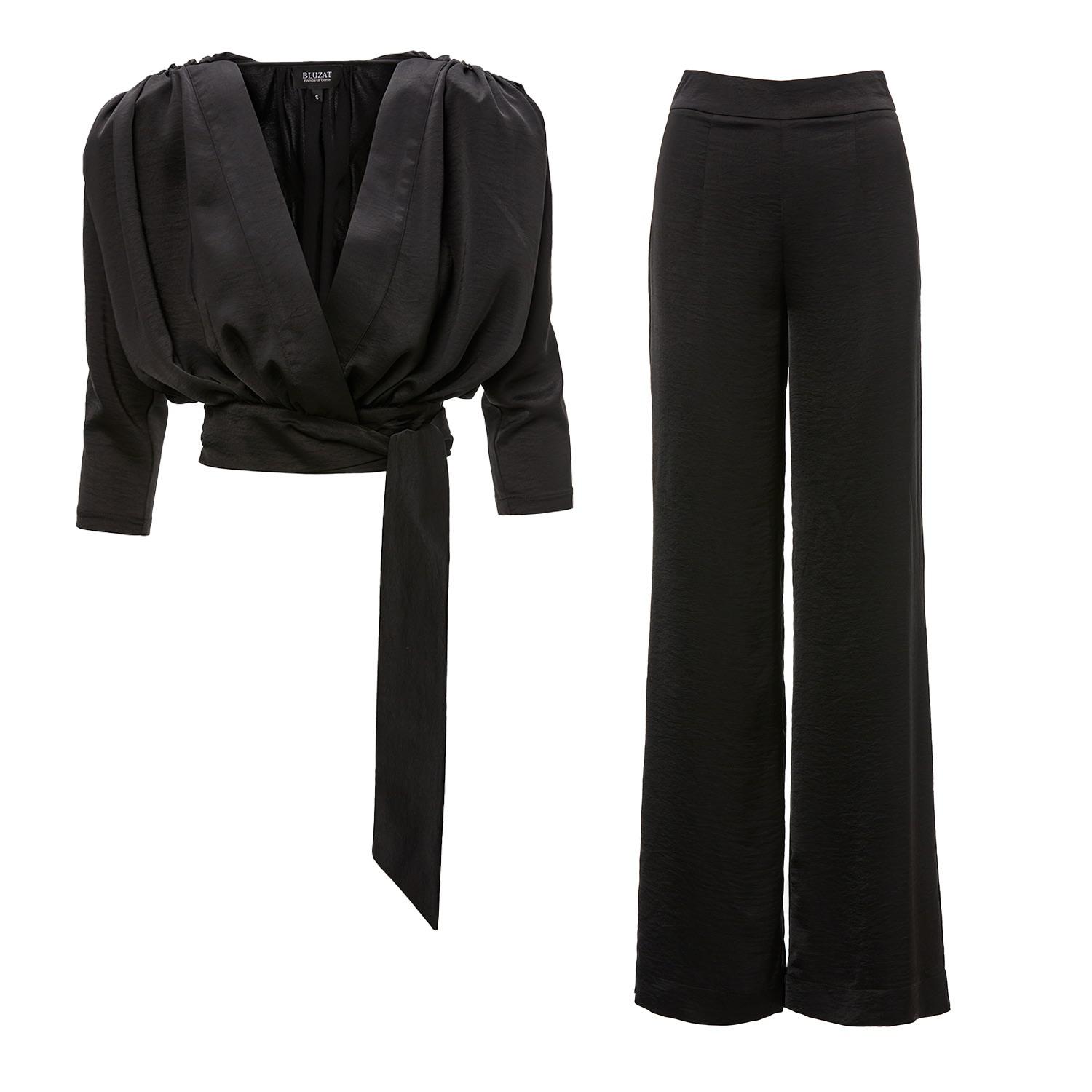 BLUZAT Set With Wrapped Top And Wide Leg Trousers in Black | Lyst UK