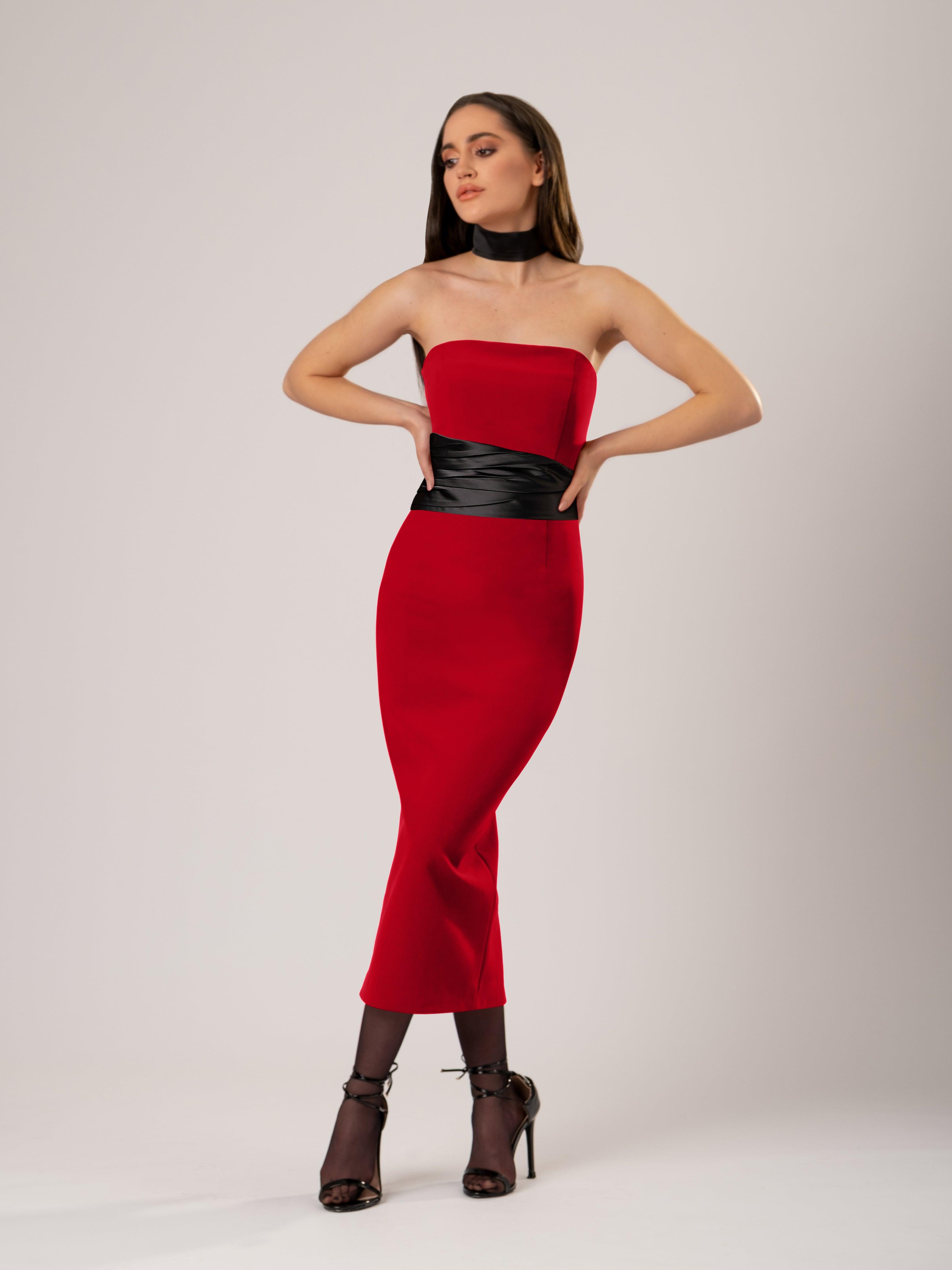 Tia Dorraine Kiss Me Fitted Midi Dress With Satin Belt in Red Lyst UK