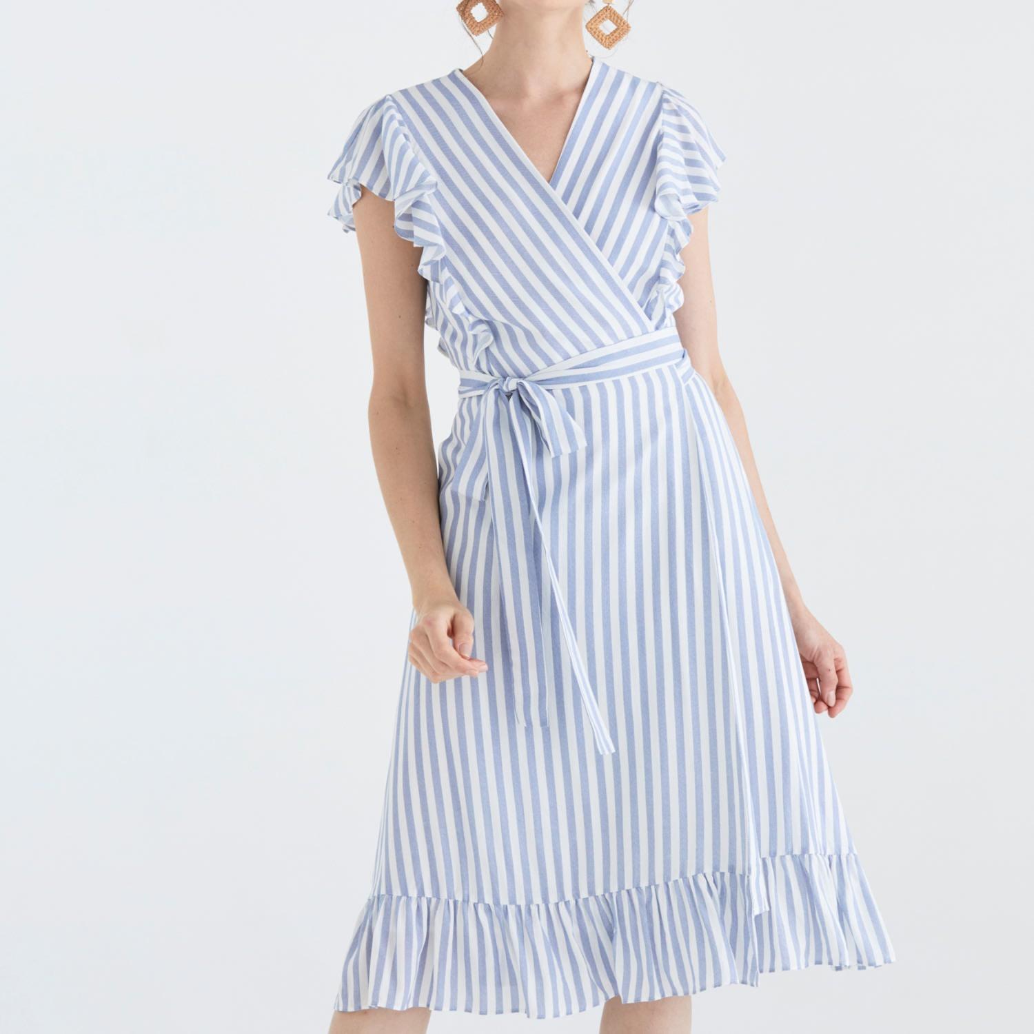 Paisie Synthetic Brighton Striped Wrap Dress In Blue & White - Lyst