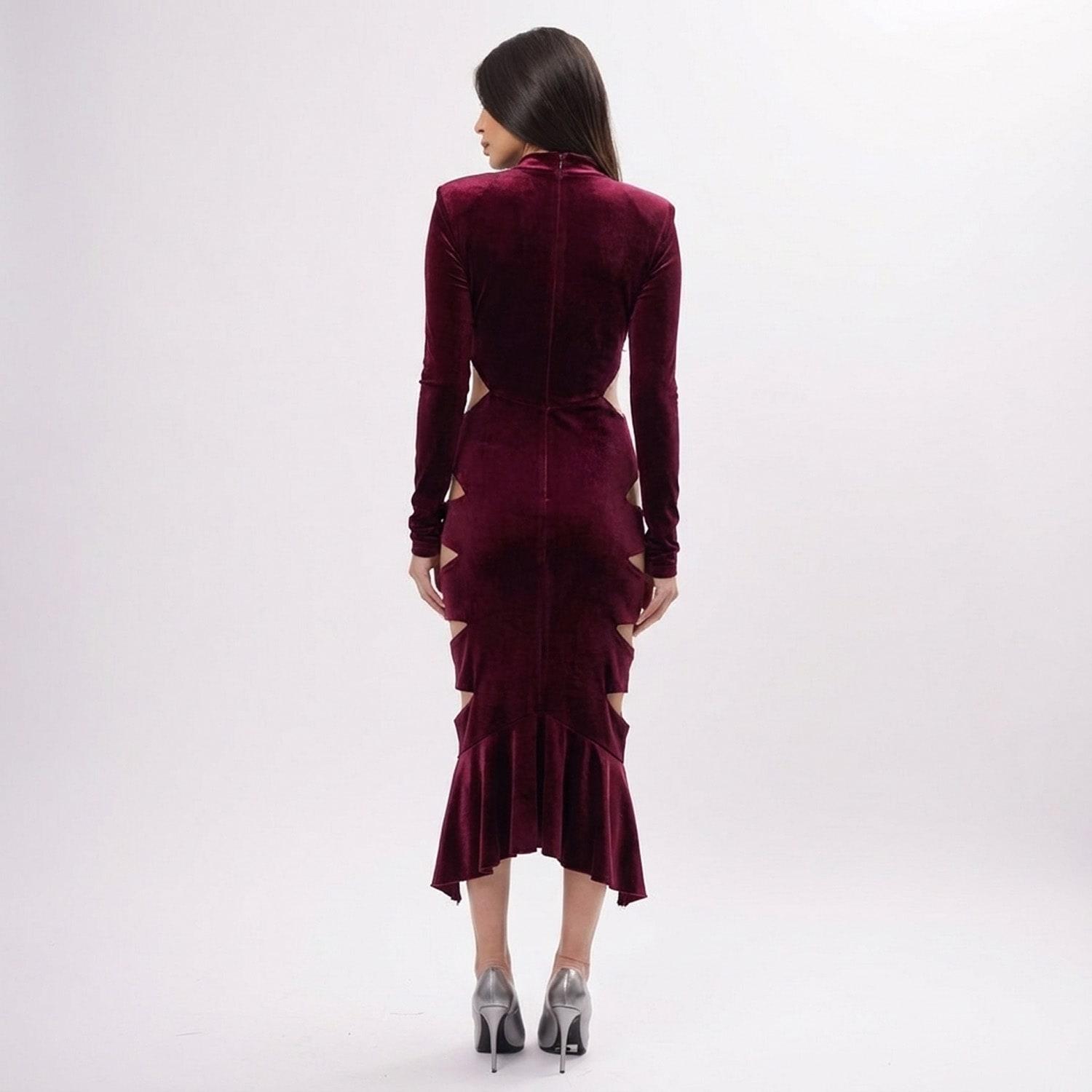 burgundy velvet cut out dress BURGUNDY VELVET CUT OUT MINI DRESS XS / As Shown