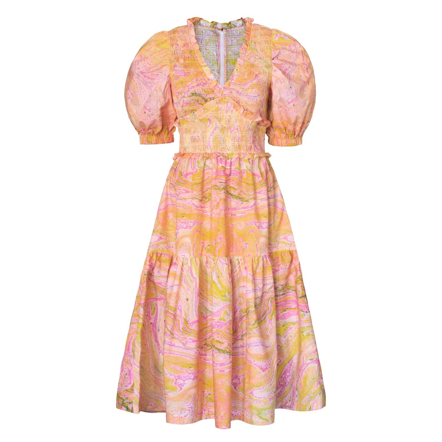 Jessie Zhao New York Astrid Marble Smocked Midi Dress in Orange | Lyst