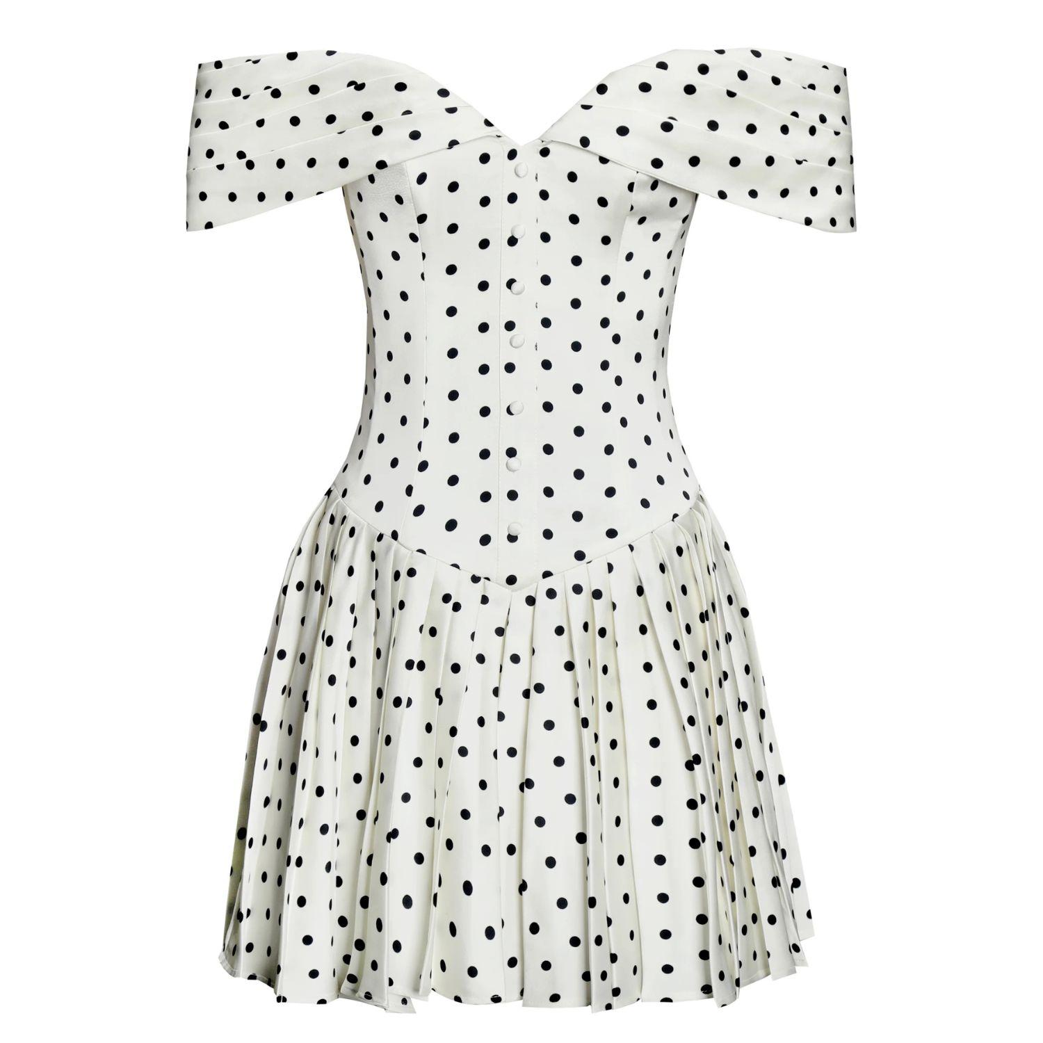 white polka dot off shoulder dress Off White Polka Dot One Shoulder Cotton Mini Dress