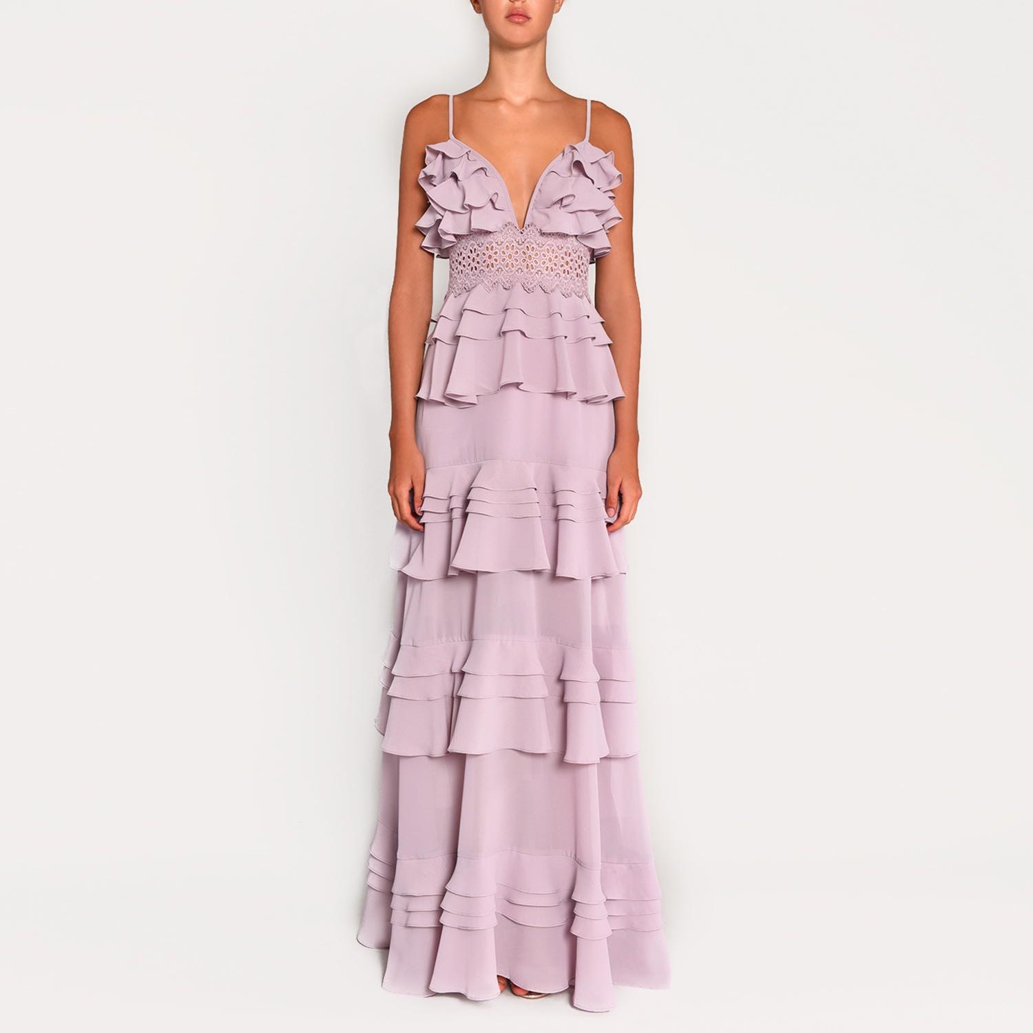 True Decadence Dusty Lilac Plunge Front Tiered Ruffle Maxi Dress in Purple  | Lyst