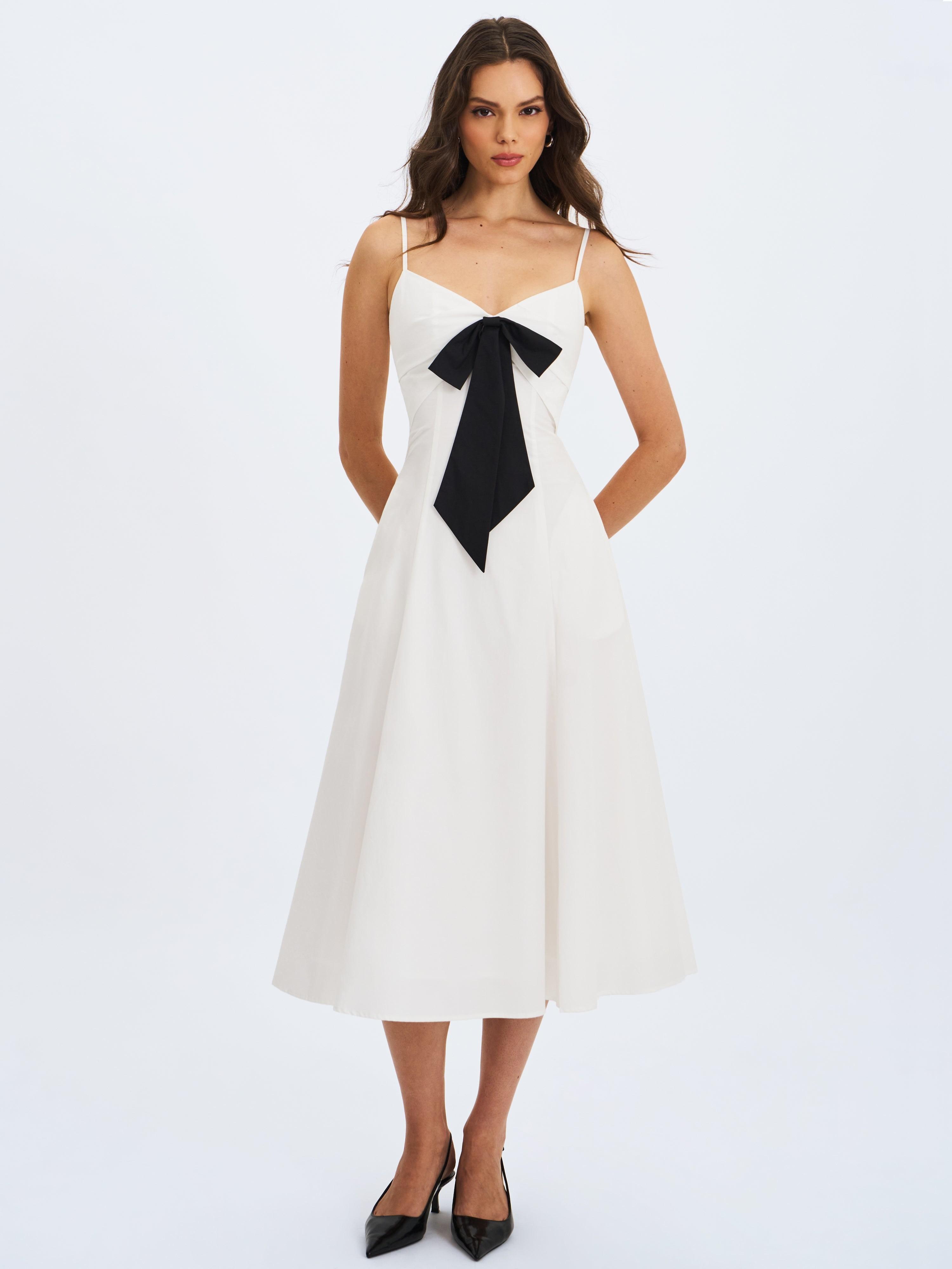 Miss Circle New York Corinne Poplin Flared Midi Dress With Removable Bow in  White | Lyst