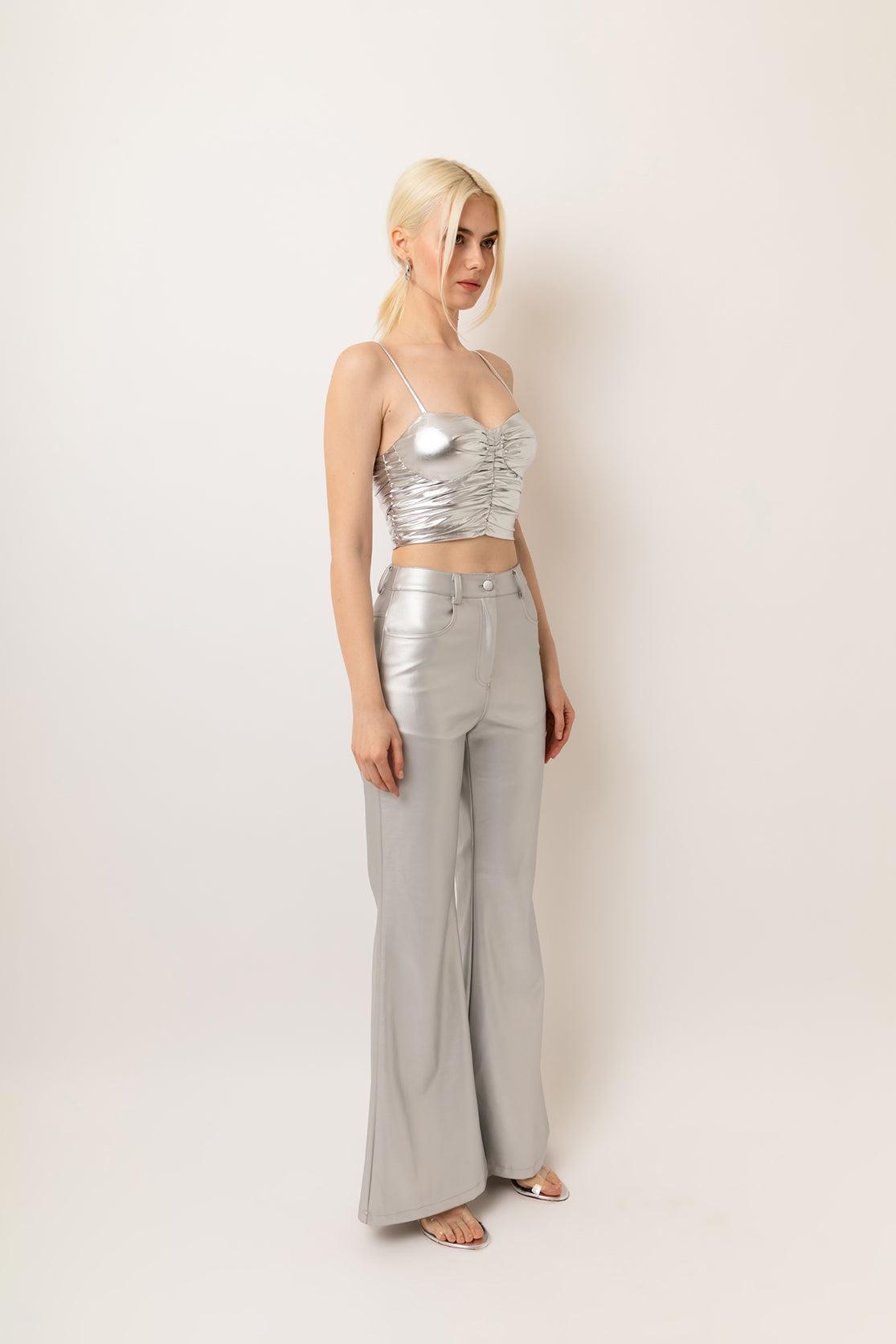 Amy Lynn Lupe Wide Leg Metallic Matte Leather Trousers in White