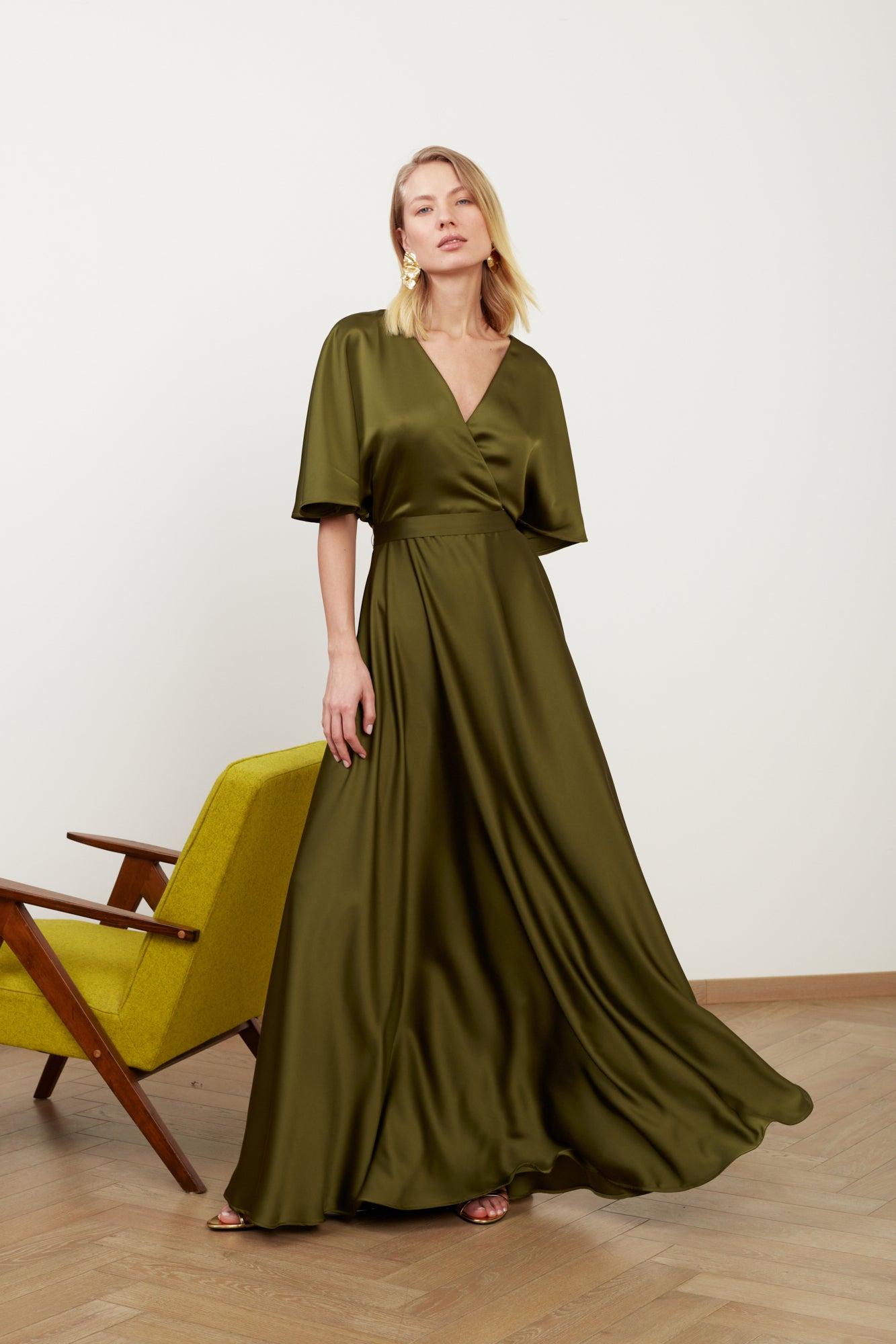 solene sage green satin long wedding guest dress reviews UNDRESS Solene Satin Long Dress For Wedding Guest in Green