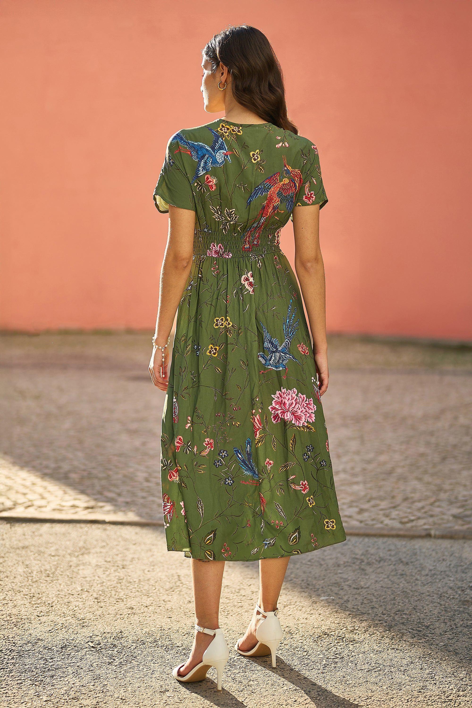 bird print midi dress 60s Floral Bird Print Midi Dress Lou Fritzel Mod Cotton Button-down