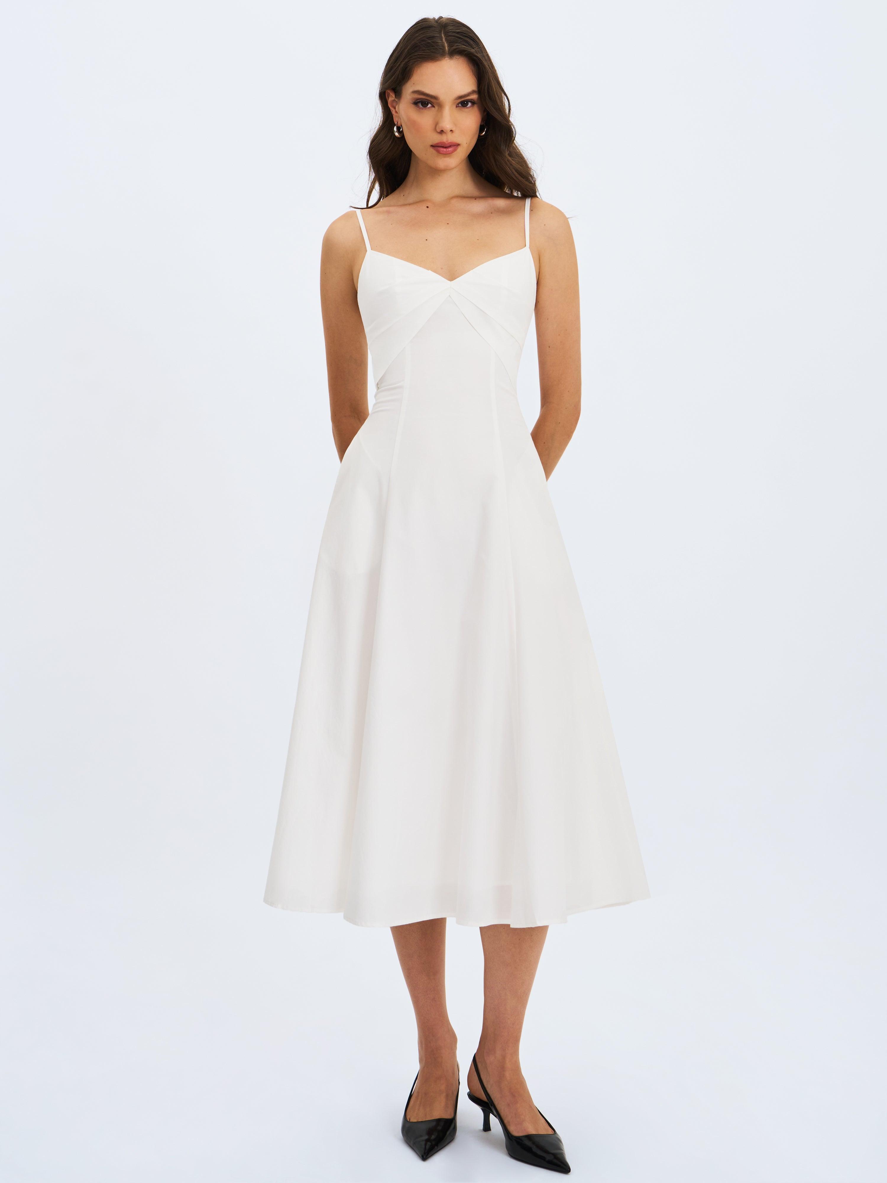 Miss Circle New York Corinne Poplin Flared Midi Dress With Removable Bow in  White | Lyst