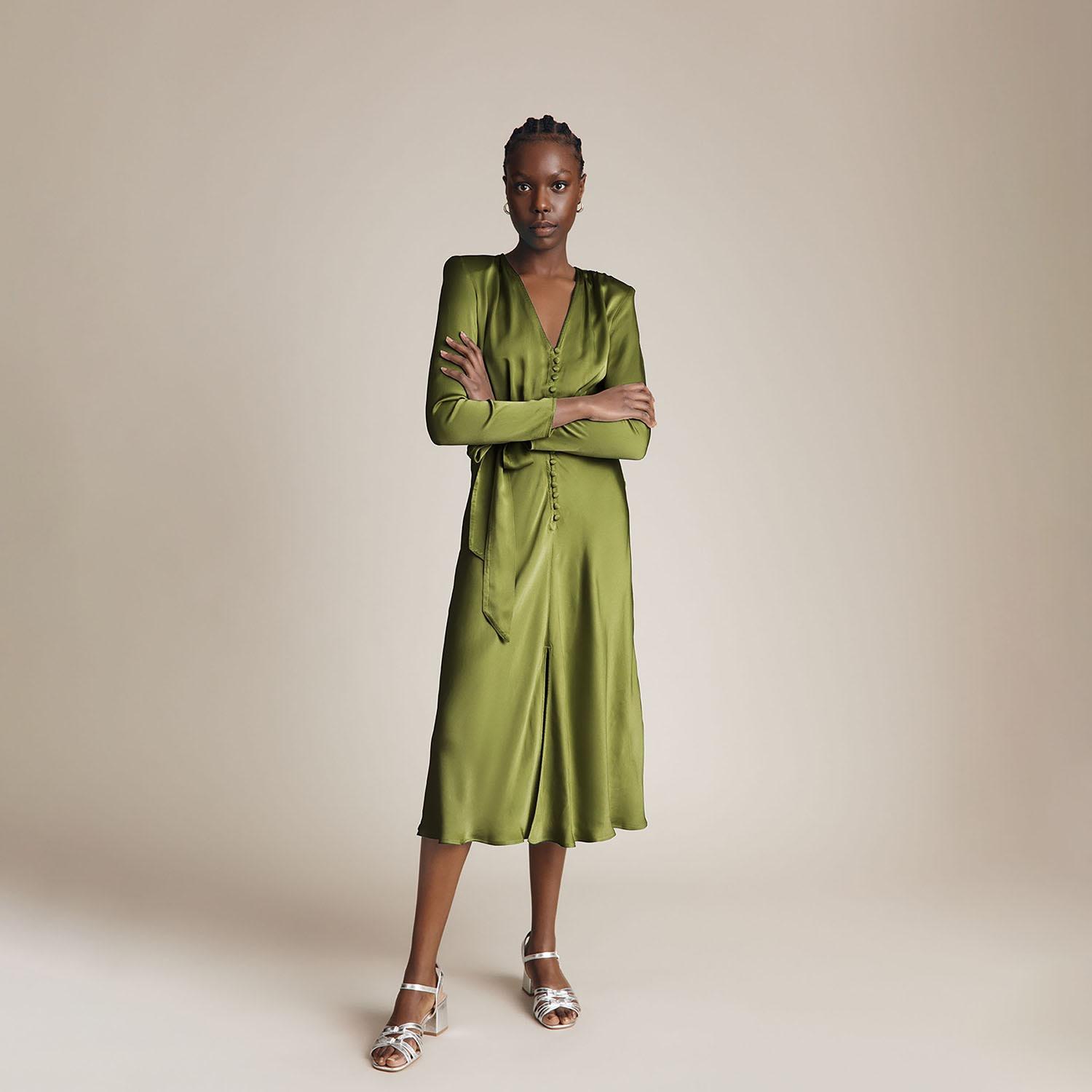 Ghost Meryl Olive Satin Midi Dress in Green Lyst