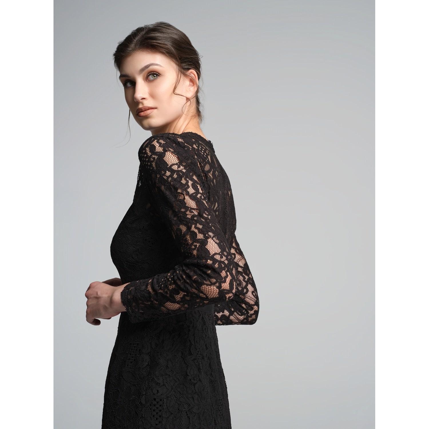 long black lace dress with bell sleeves Bohemian Black Lace Wedding Dress with Fringe Sleeves main image 1