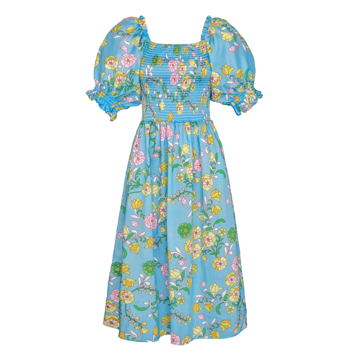 Jessie Zhao New York Cotton Garden Party Blue Smocked Midi Dress | Lyst UK