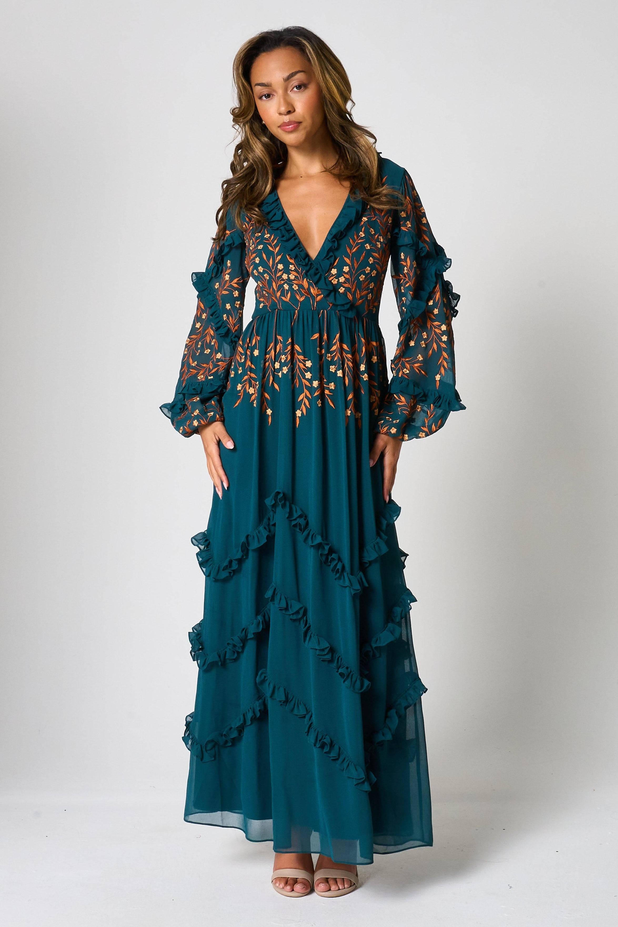 slim fit dress slacks Frill Maxi Dress – STREET NINE FASHIONS