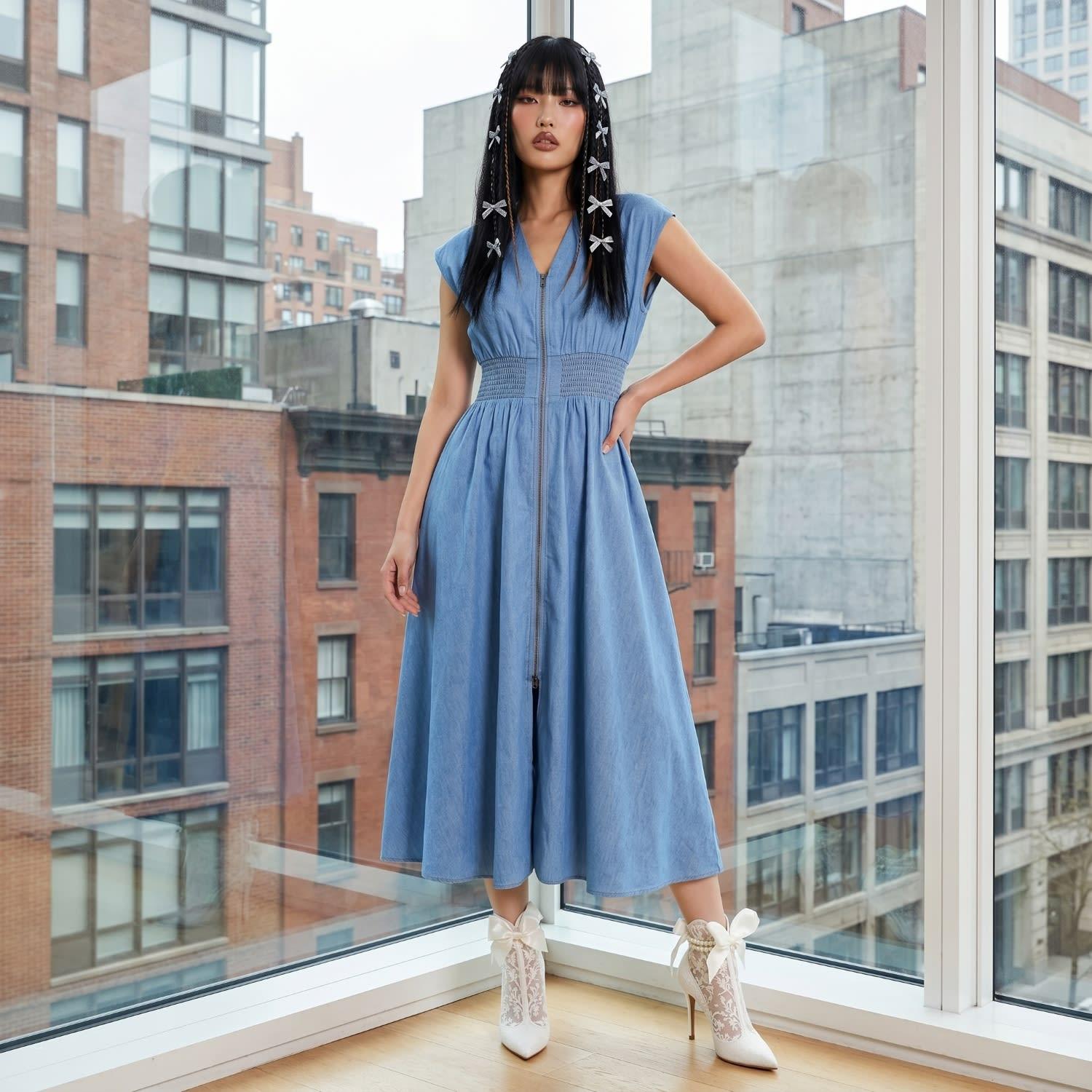 modenaire denim dress Sleeveless Denim Midi Dress with V Neckline Zip Front Closure Smocked   Modenaire