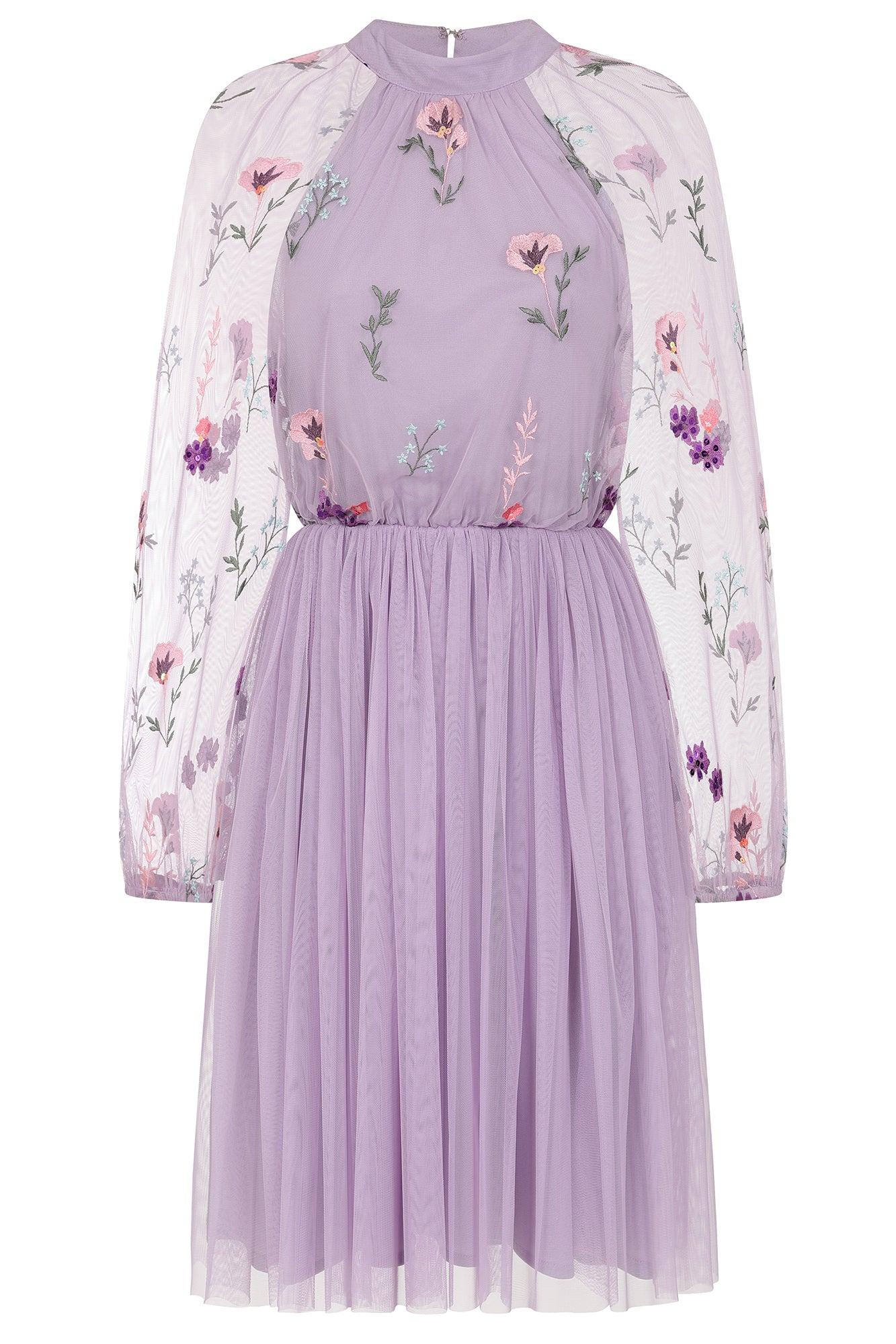 Frock and Frill Jacinta Floral Embroidered Skater Dress in Purple