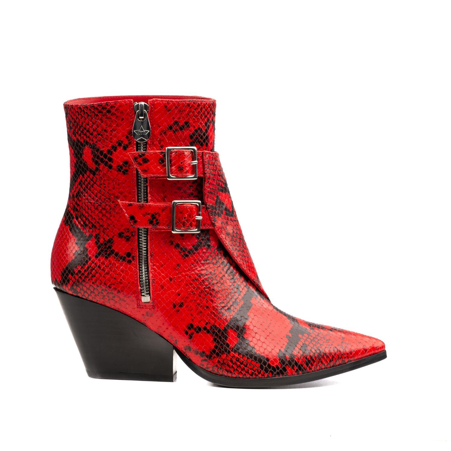 Rosamund Muir London Beatrix Snake Print Ankle Boots in Red