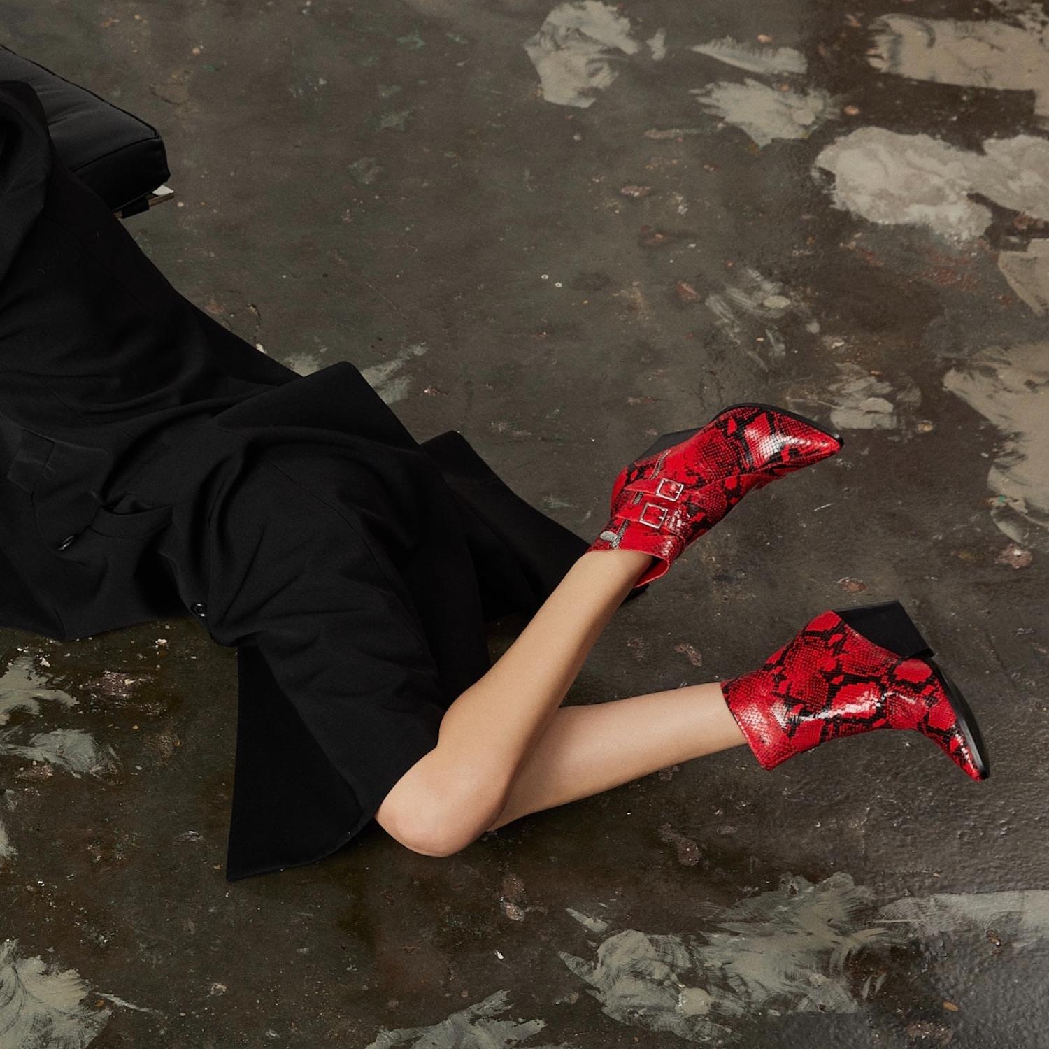 Rosamund Muir London Beatrix Snake Print Ankle Boots in Red