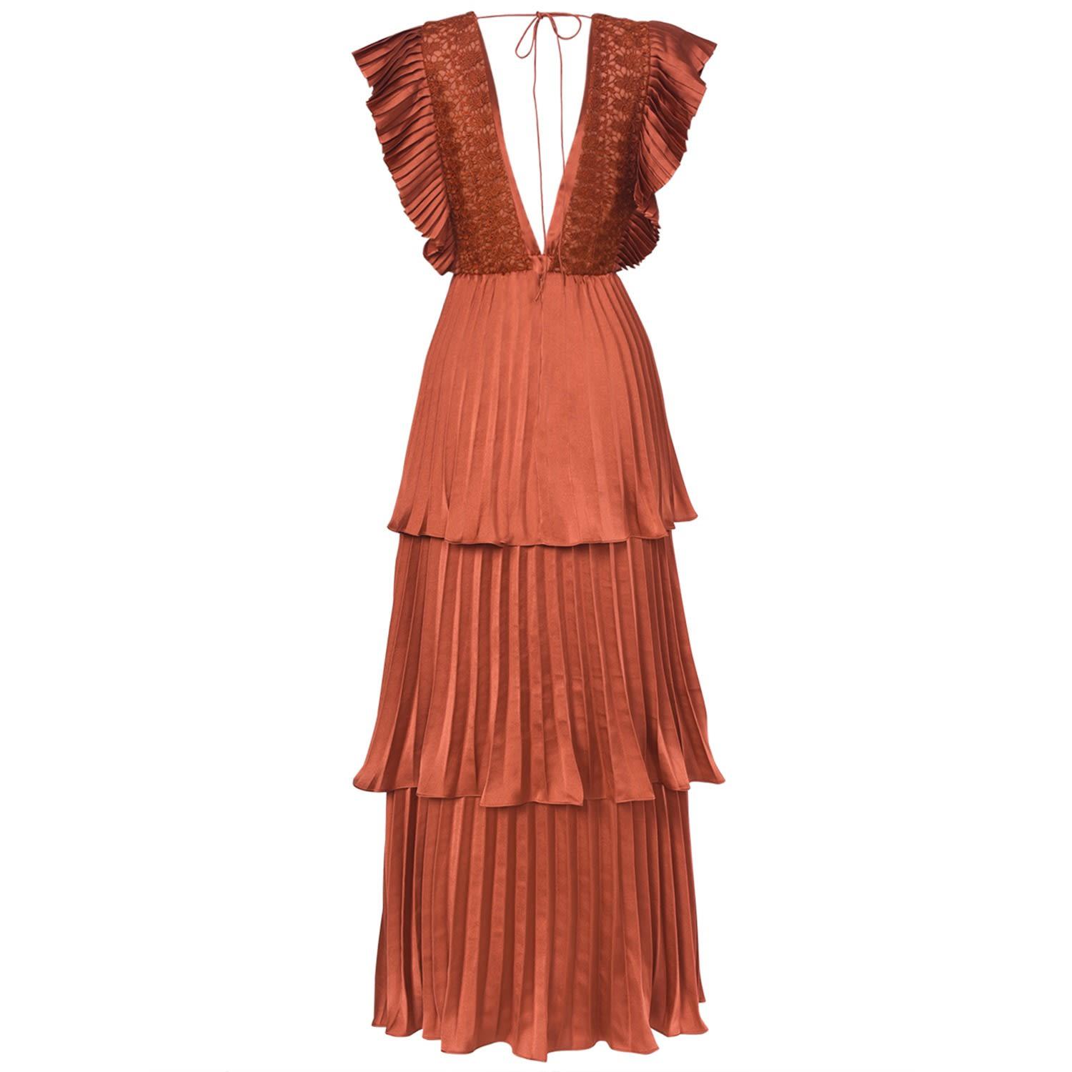 Rust Brown Pleated Tiered Midaxi Dress ...