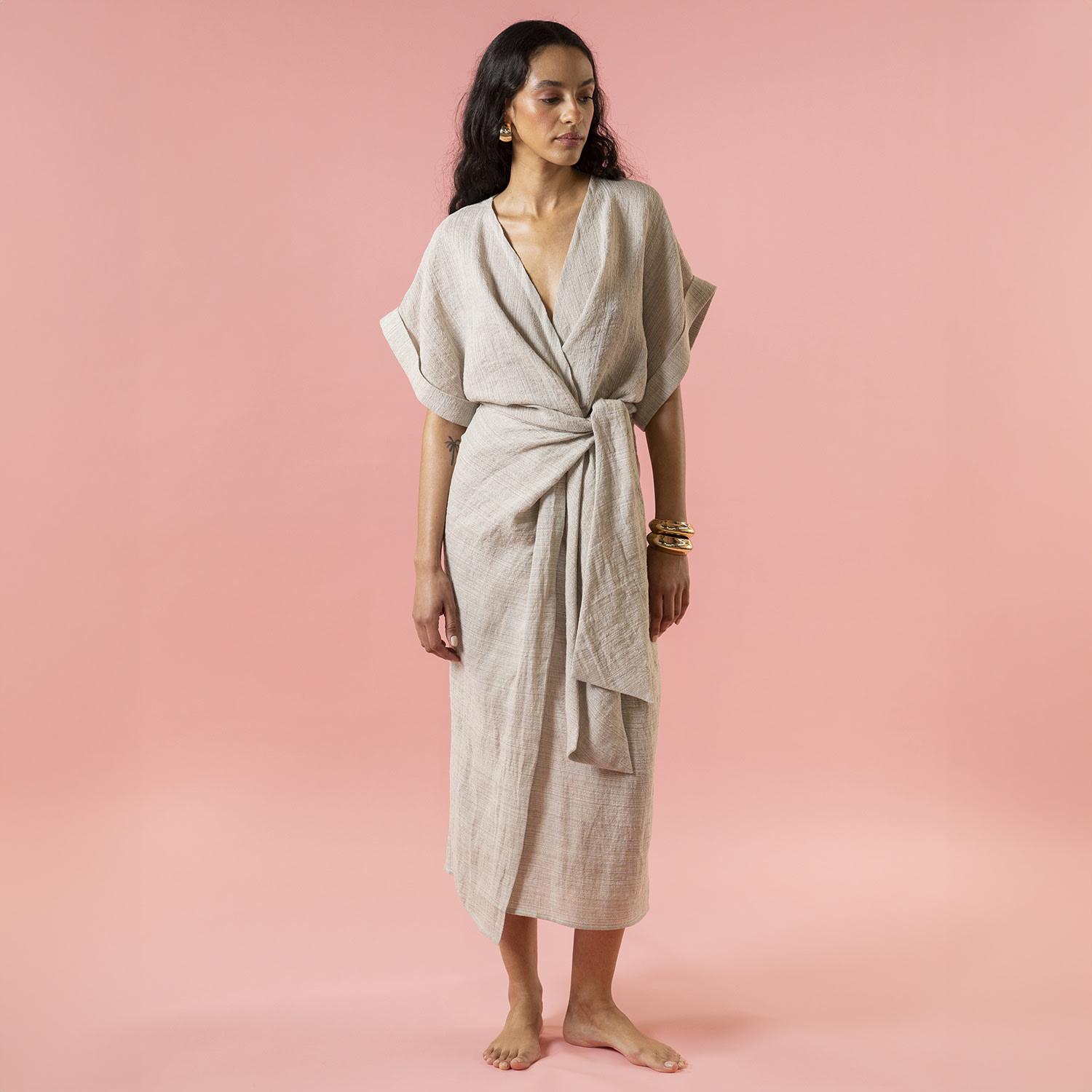 kim luxe linen wrap dress The Summer Edit Neutrals Kim Luxe Linen Wrap Dress in Natural