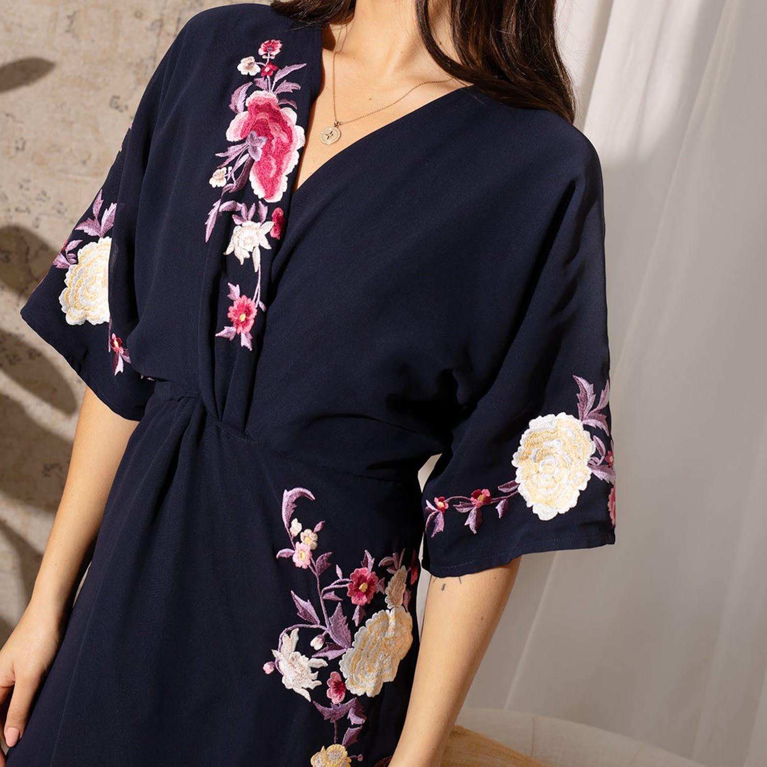 Hope and Ivy The Katrina Embroidered Flutter Sleeve Twist Front Midi Dress  in Blue | Lyst