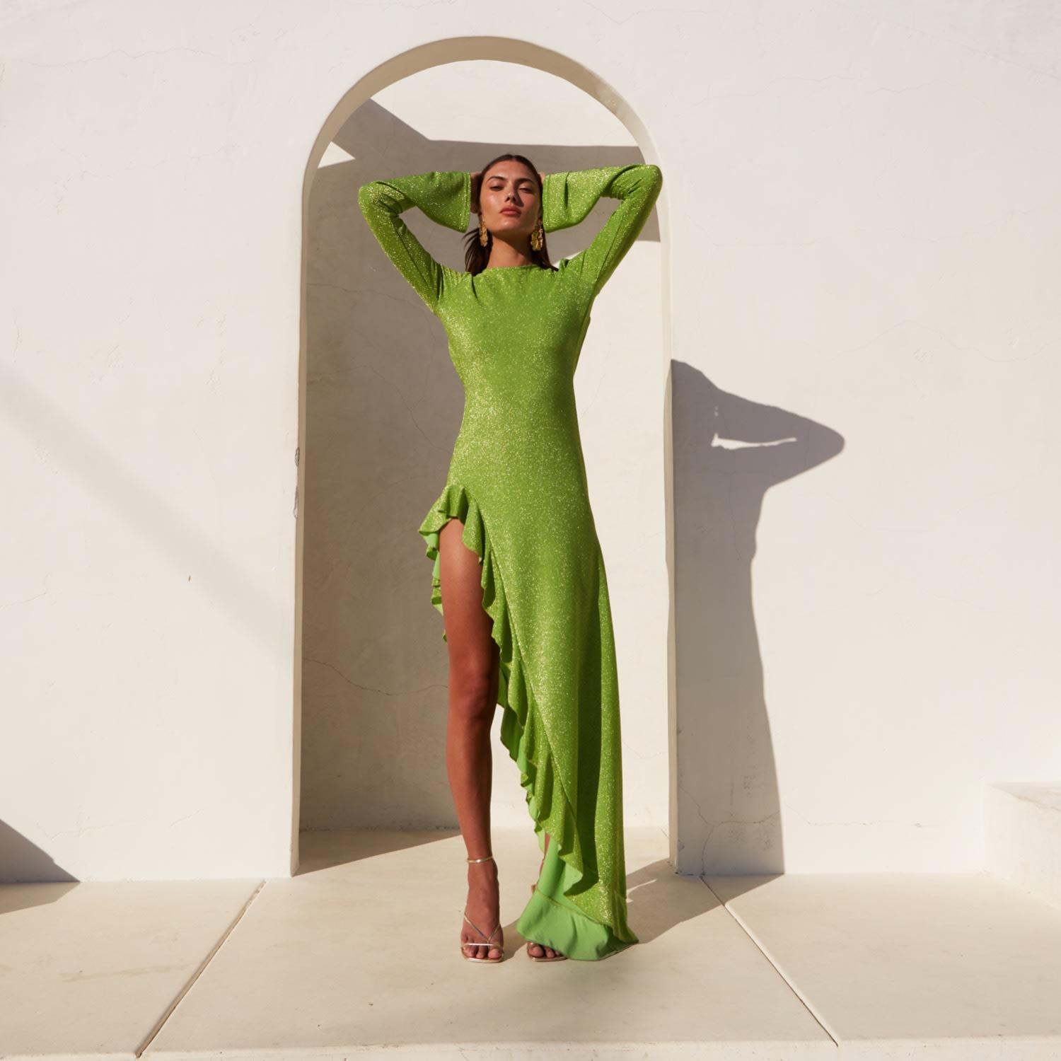 delfi collective green dress DELFI Collective Plunge Neck Side Slit Gown in Green