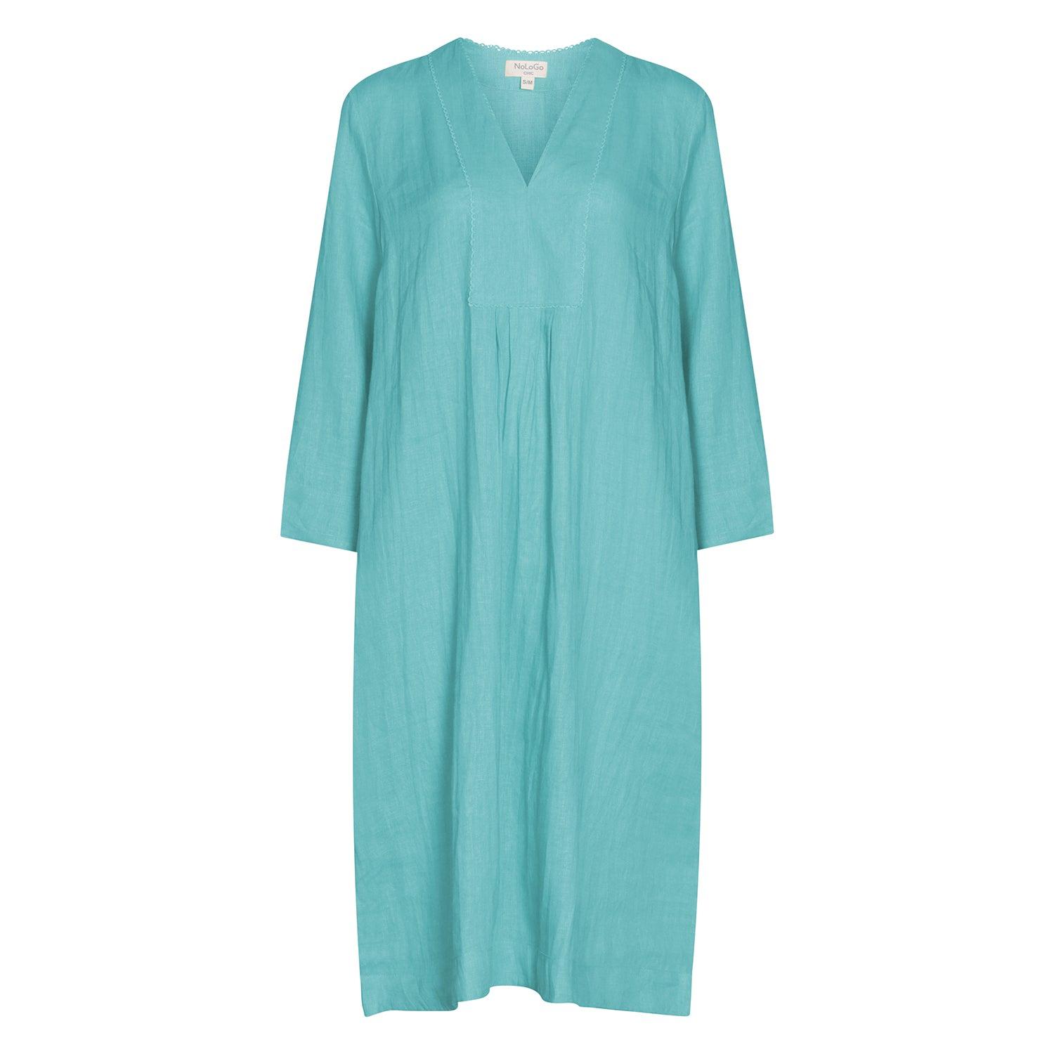 NoLoGo-chic Plain Dyed Linen Yoke Picot Midi Dress Tiffany in Blue | Lyst