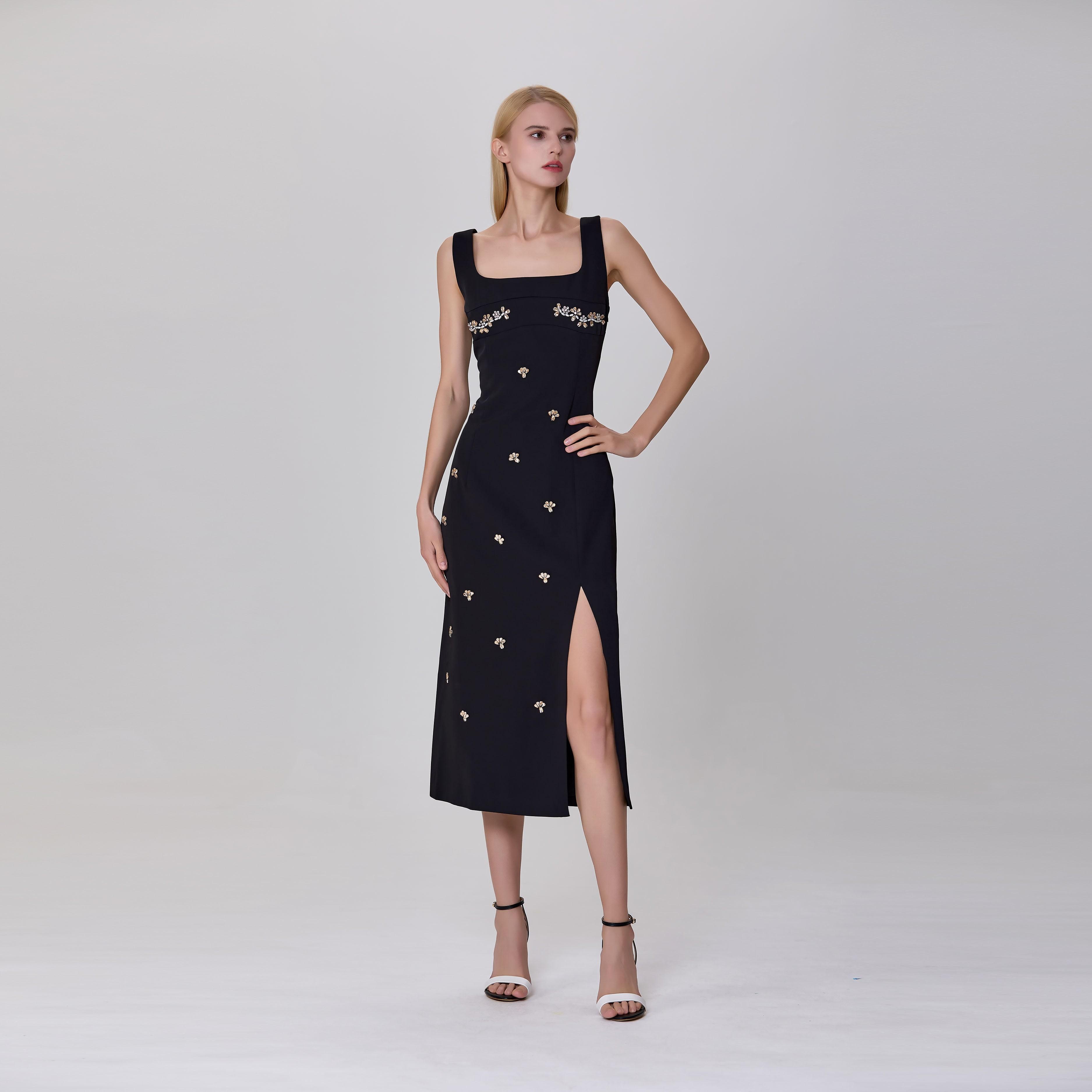 green emerald velvet dress Black and White Floral Embroidered Dress main image 0