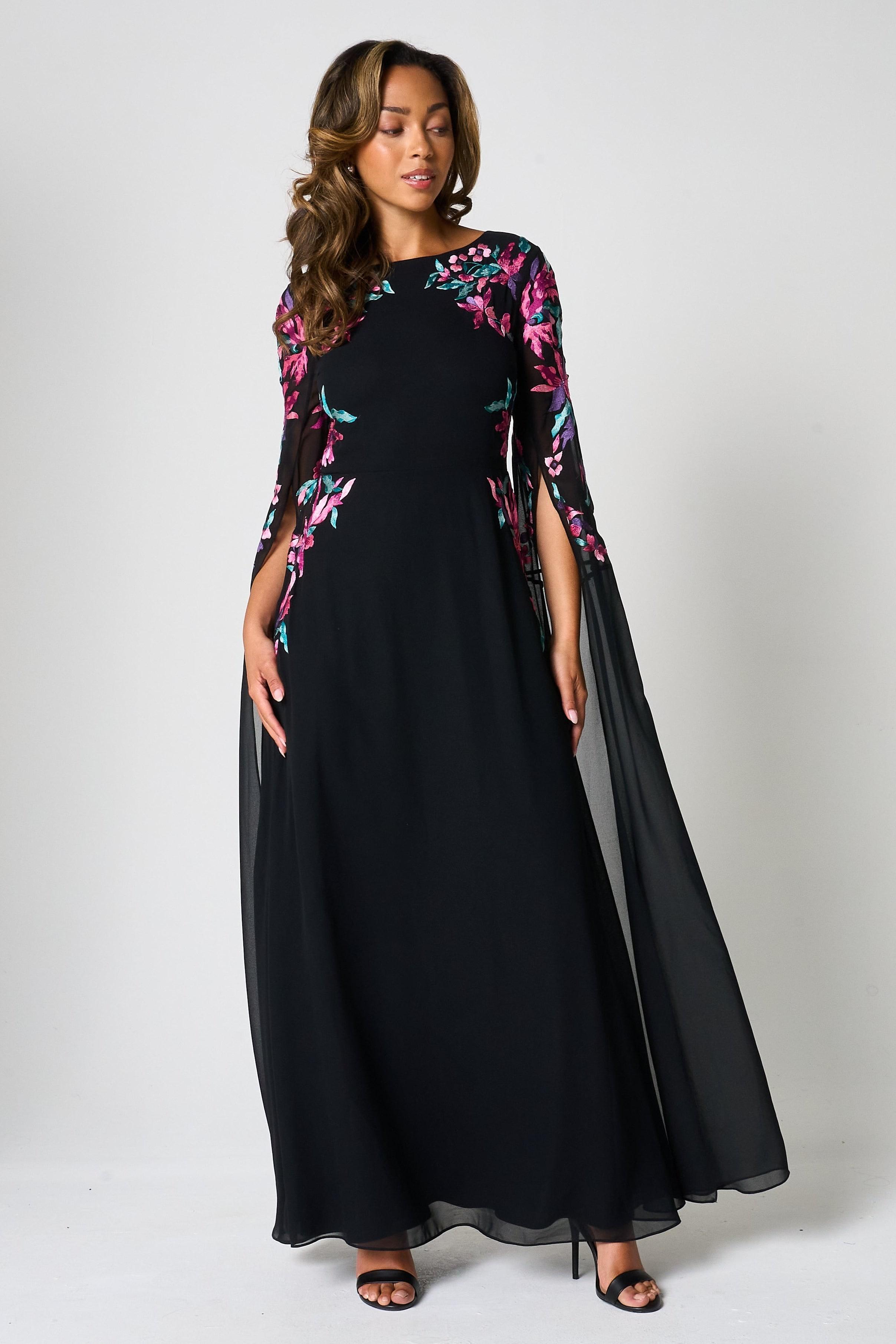 Frock and Frill Hestia Embroidered Cape Sleeve Maxi Dress in Black
