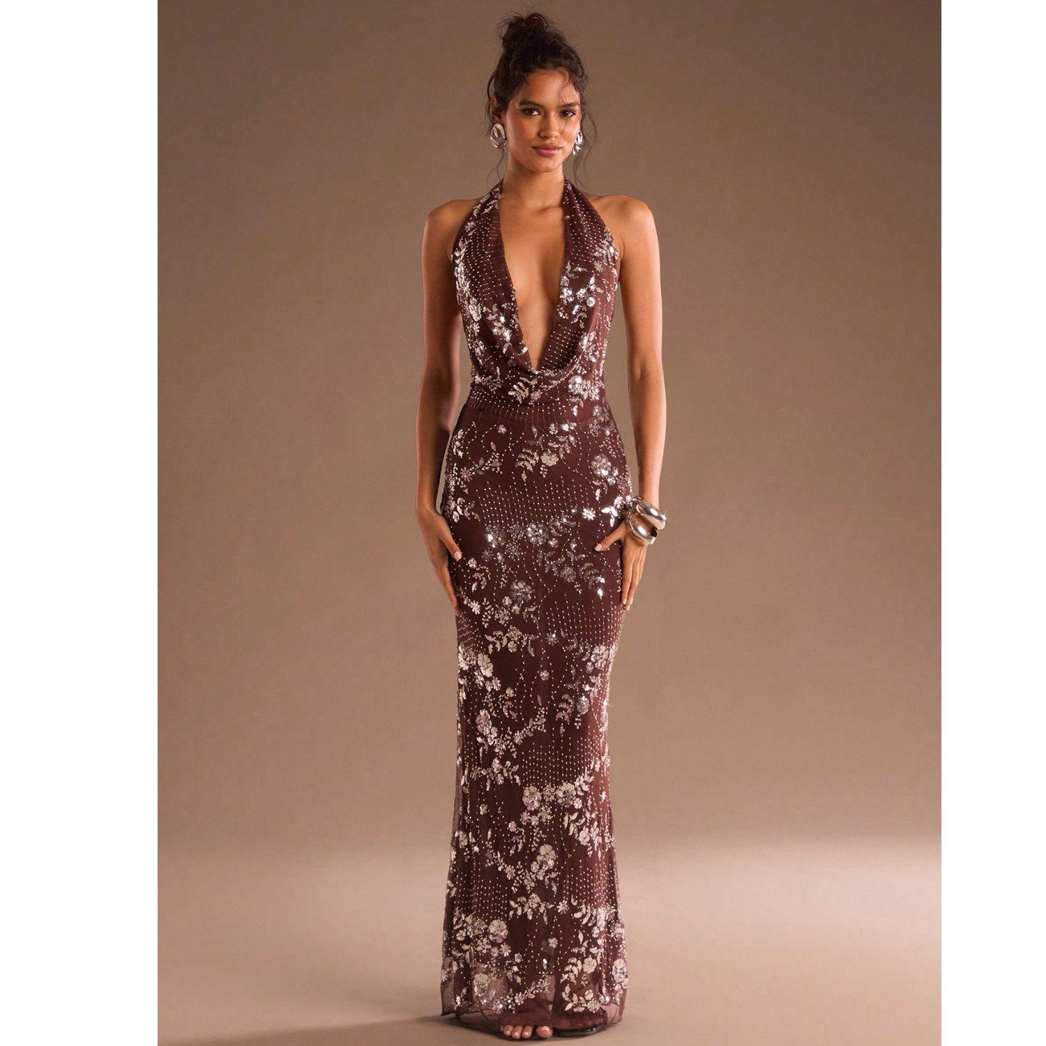 fall halter dress Glamorous Plus Size Glittery Halter Neck Midi Wedding Guest Dress