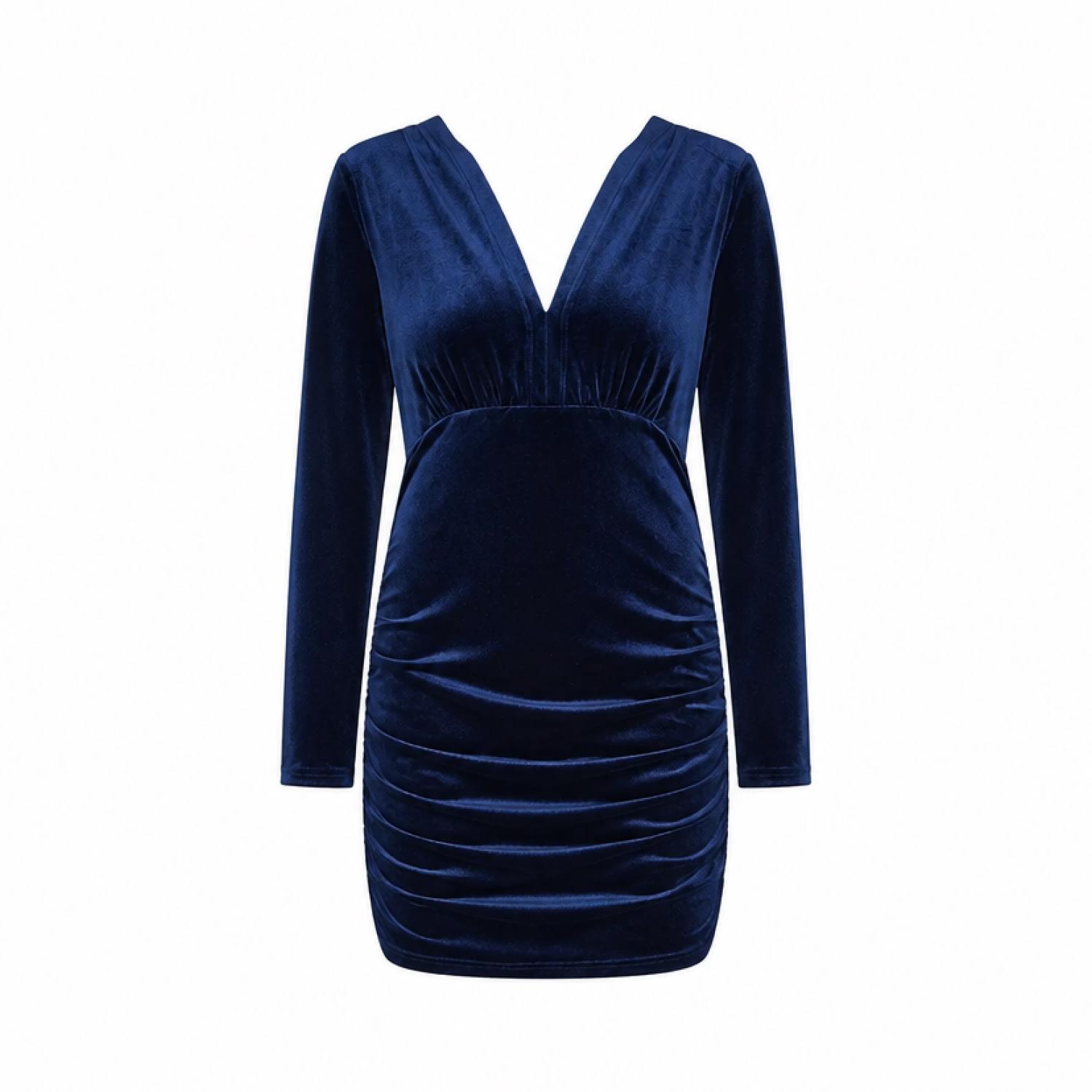 Yumi' Velvet Long Sleeve Ruched Fitted Dress in Blue