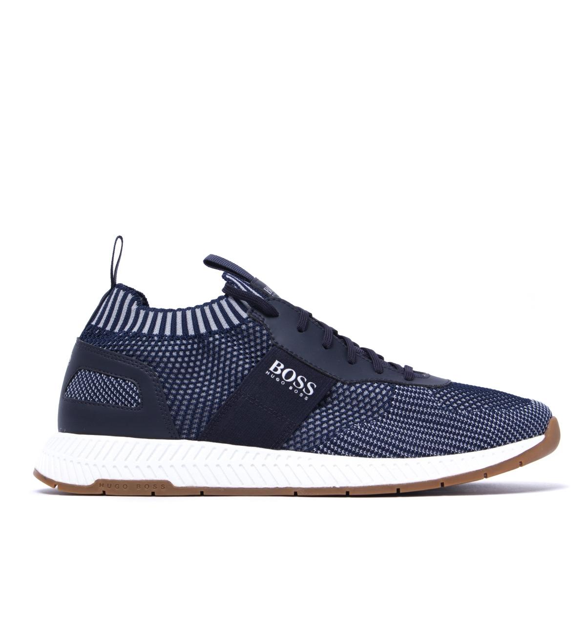 BOSS by Hugo Boss Leather Titanium Navy Knit Runn Trainers in Blue for ...