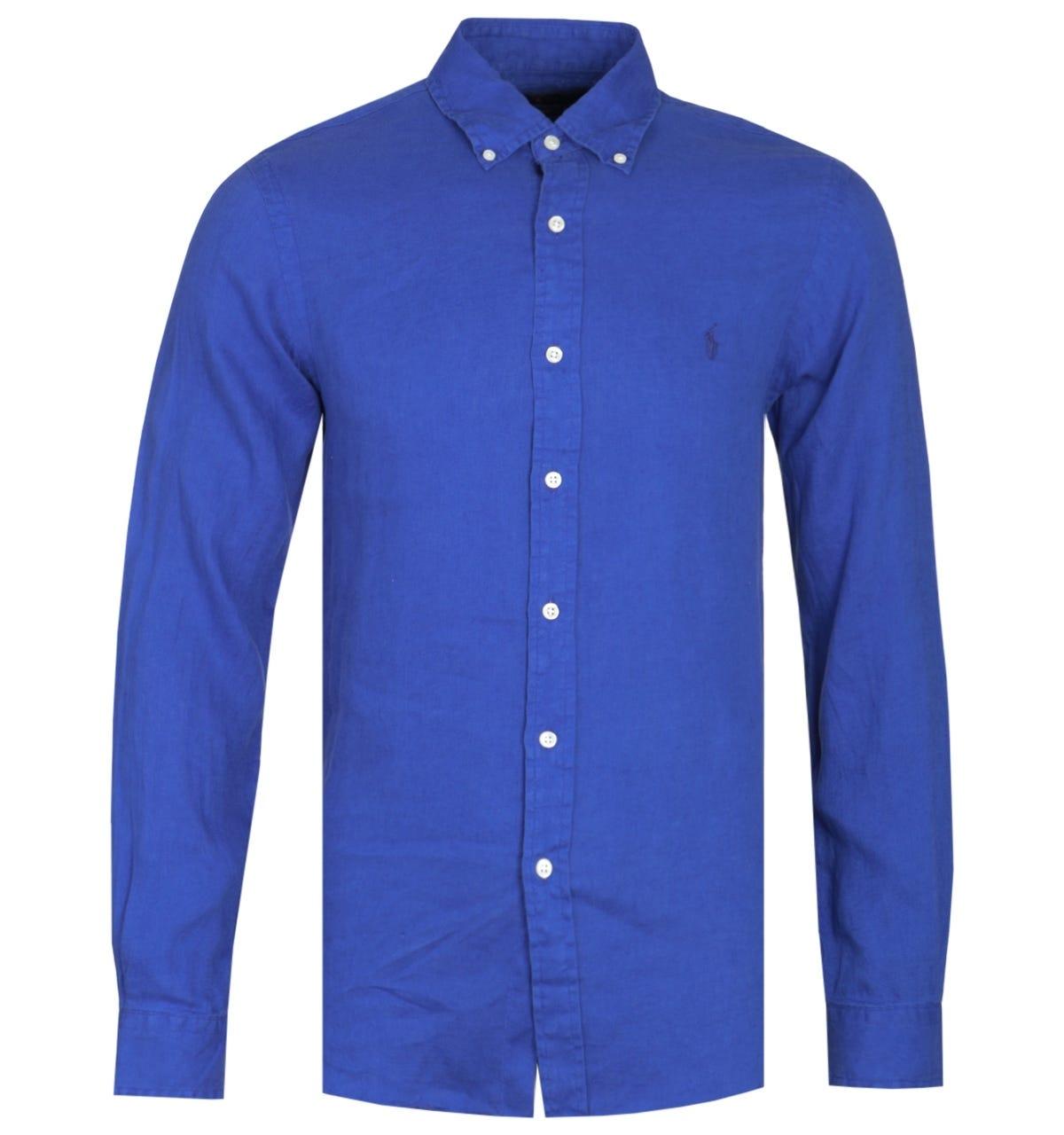 Polo Ralph Lauren Slim Fit Long Sleeve Ocean Blue Linen Shirt for Men ...