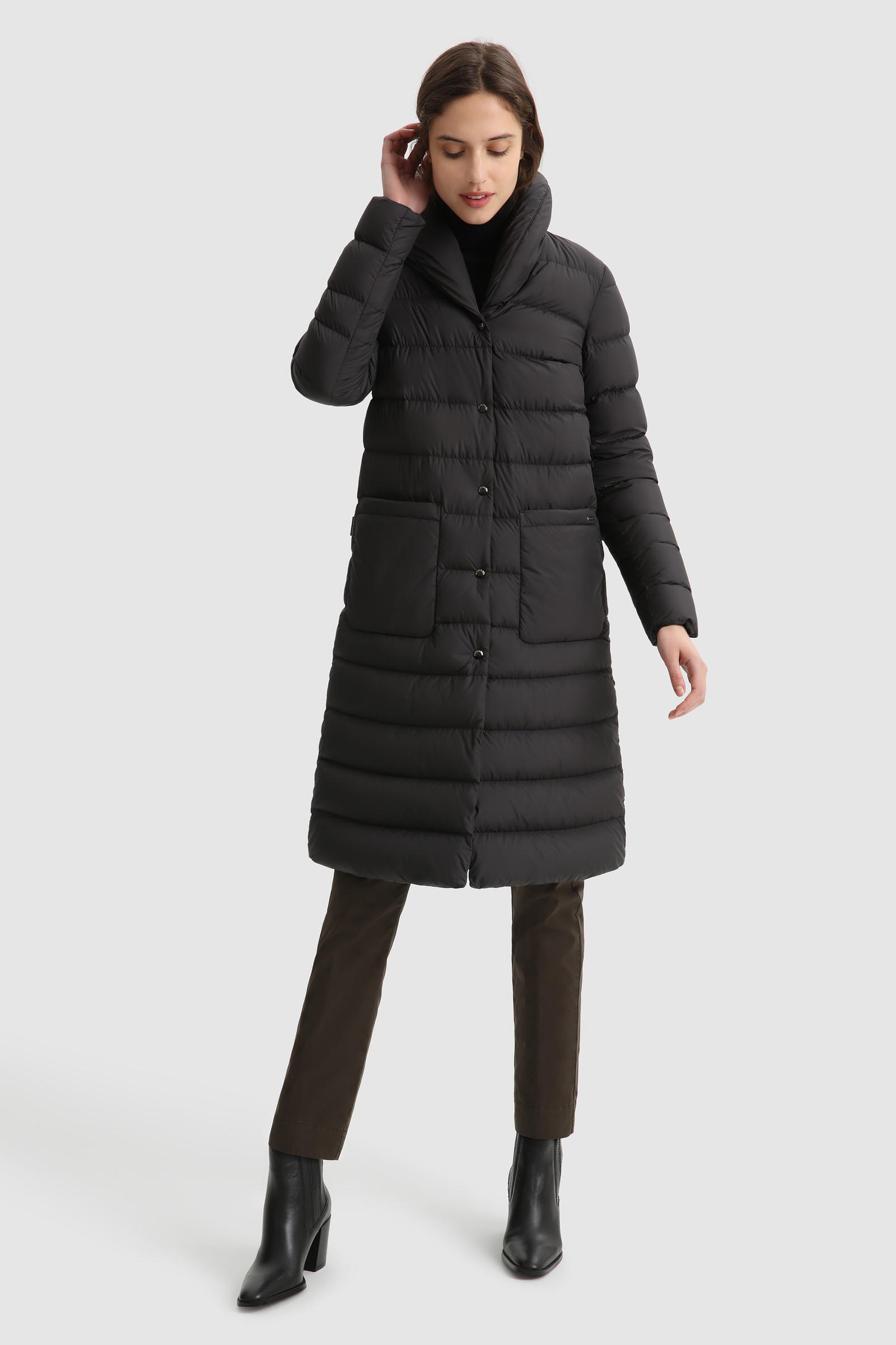 Woolrich Ellis Long Coat With Horizontal Quilting in Black | Lyst
