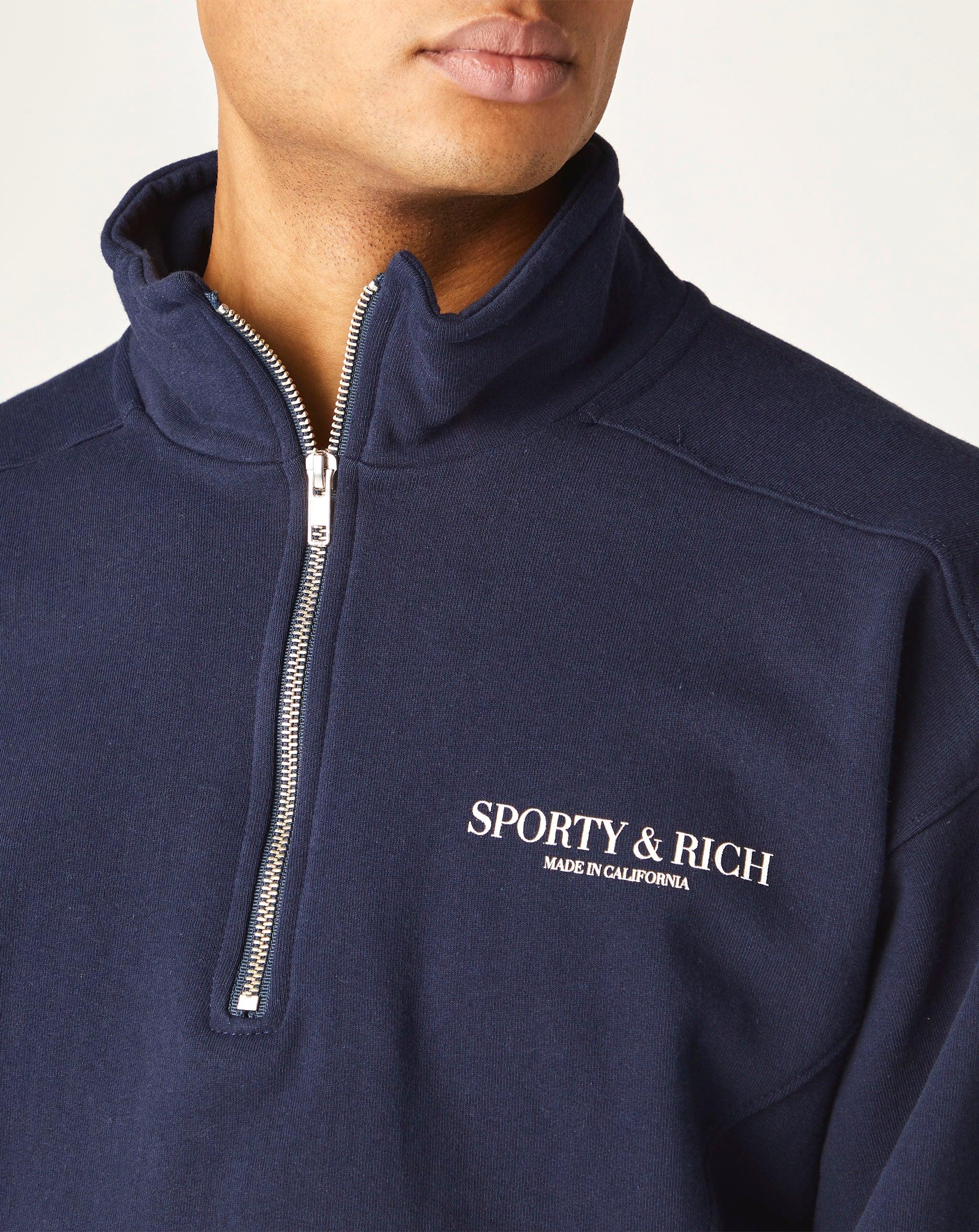 Sporty & Rich Script Logo Quarter Zip in Navy | White (Blue) for 