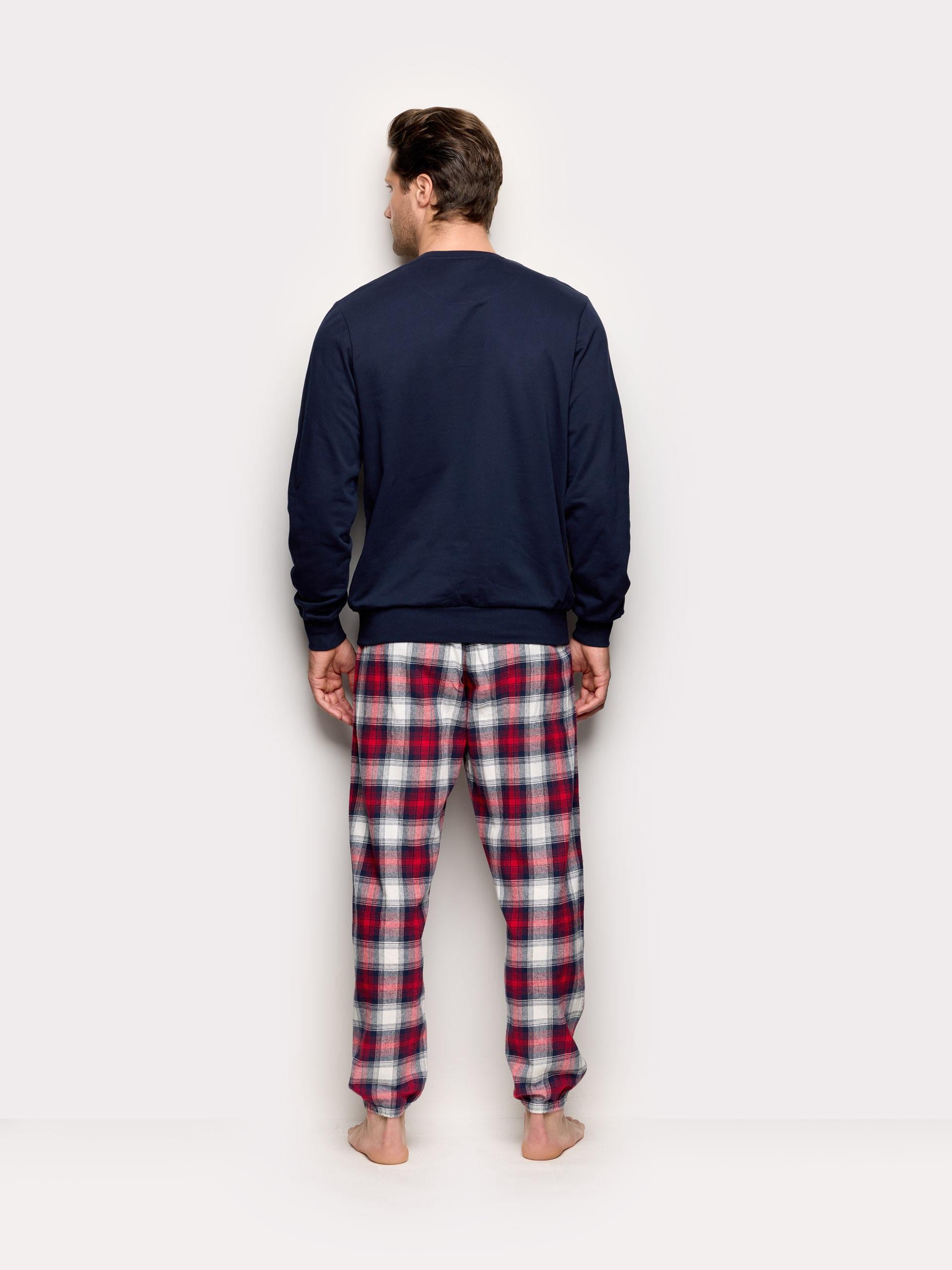 Pigiama Lungo Uomo In Cotone, Motivo Tartan Nero E Rosso, Maniche Lunghe Con Tasca, Vestibilità Comoda, Taglie M-XXXL