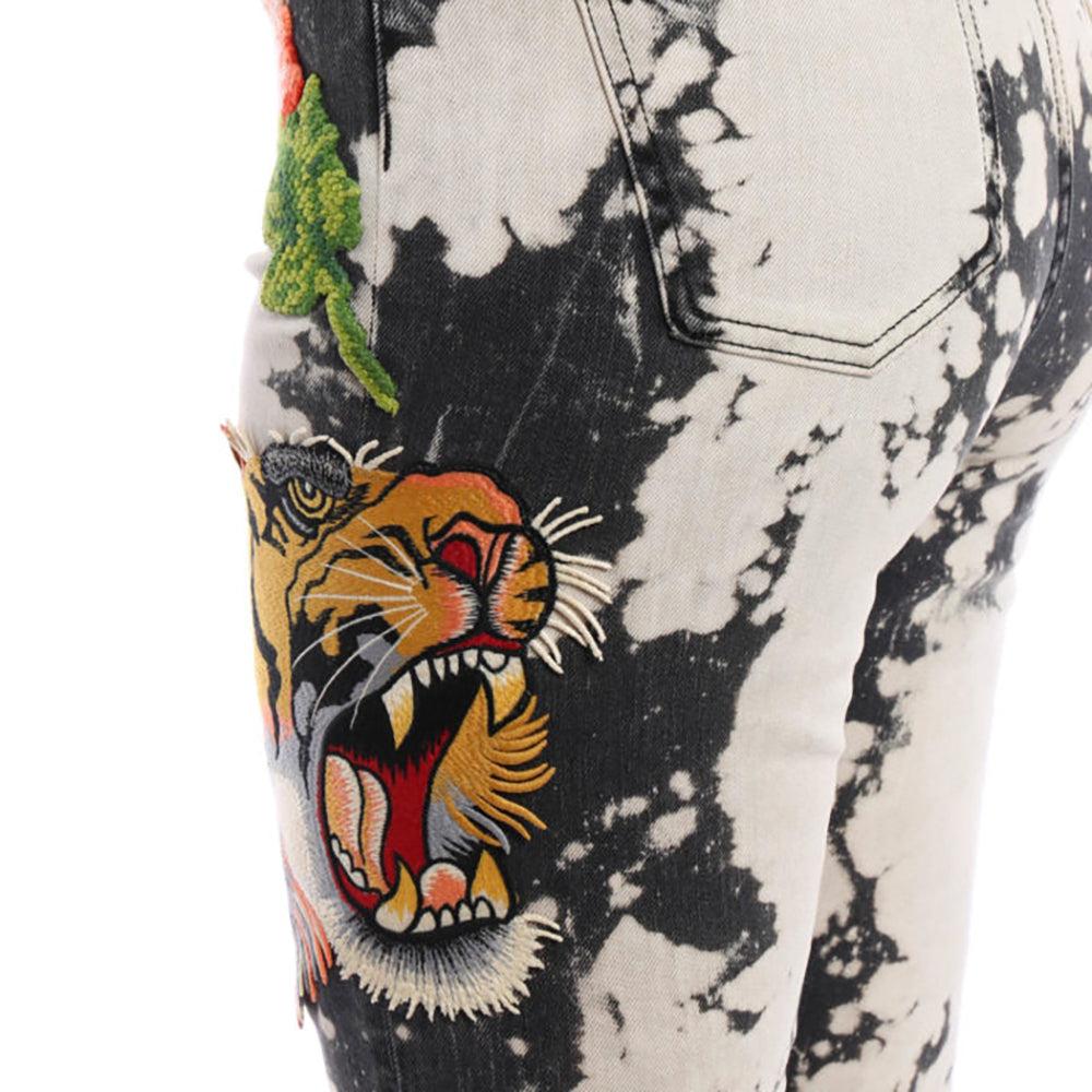 Gucci Bleached Embroidered Tiger Floral Cotton Skinny Jeans White Grey in  Gray | Lyst