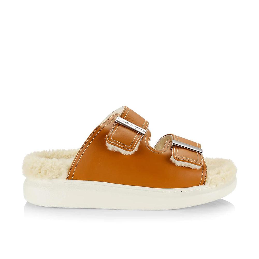 Alexander McQueen Hybrid Shearling Leather Slide Sandals In Brown Lyst