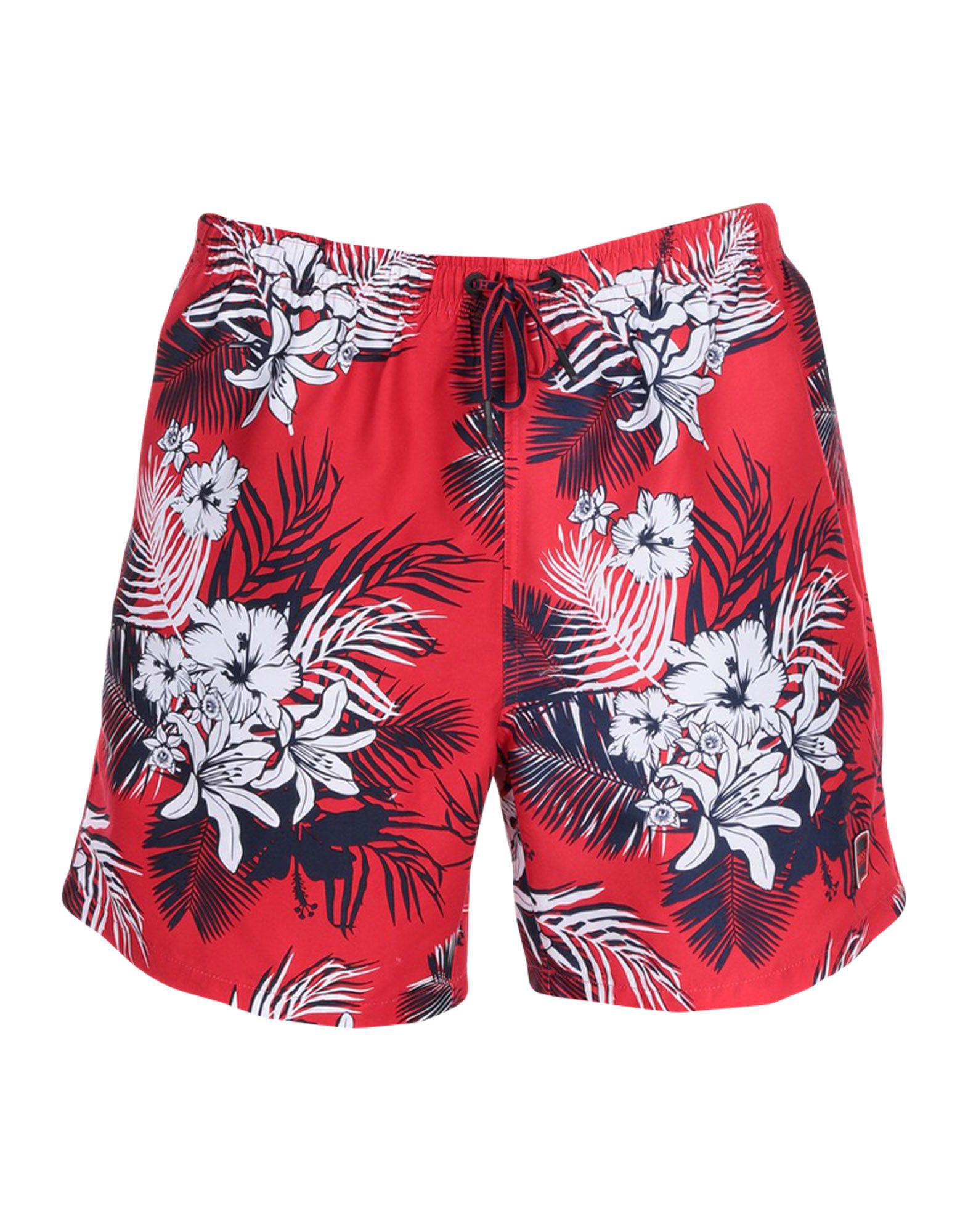 red and black swim trunks