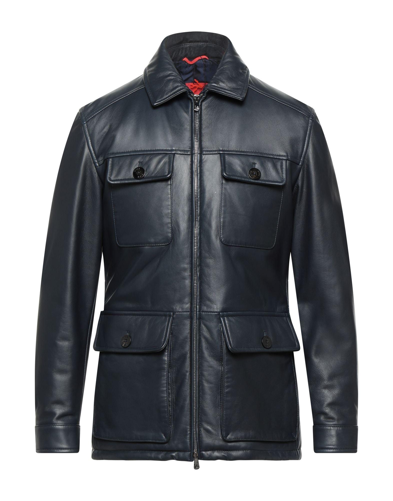 Isaia Leather Utility Jacket in Navy Blue 38R