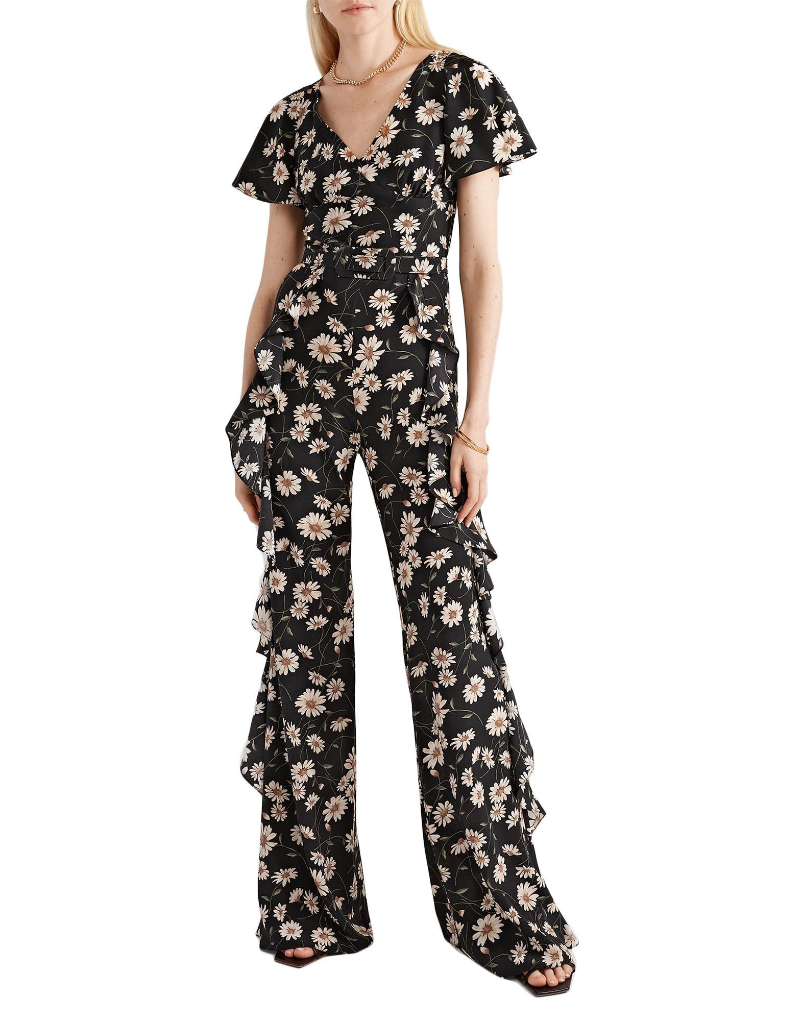 Michael Kors Ruffled Floral-print Silk-crepe Jumpsuit in Black | Lyst
