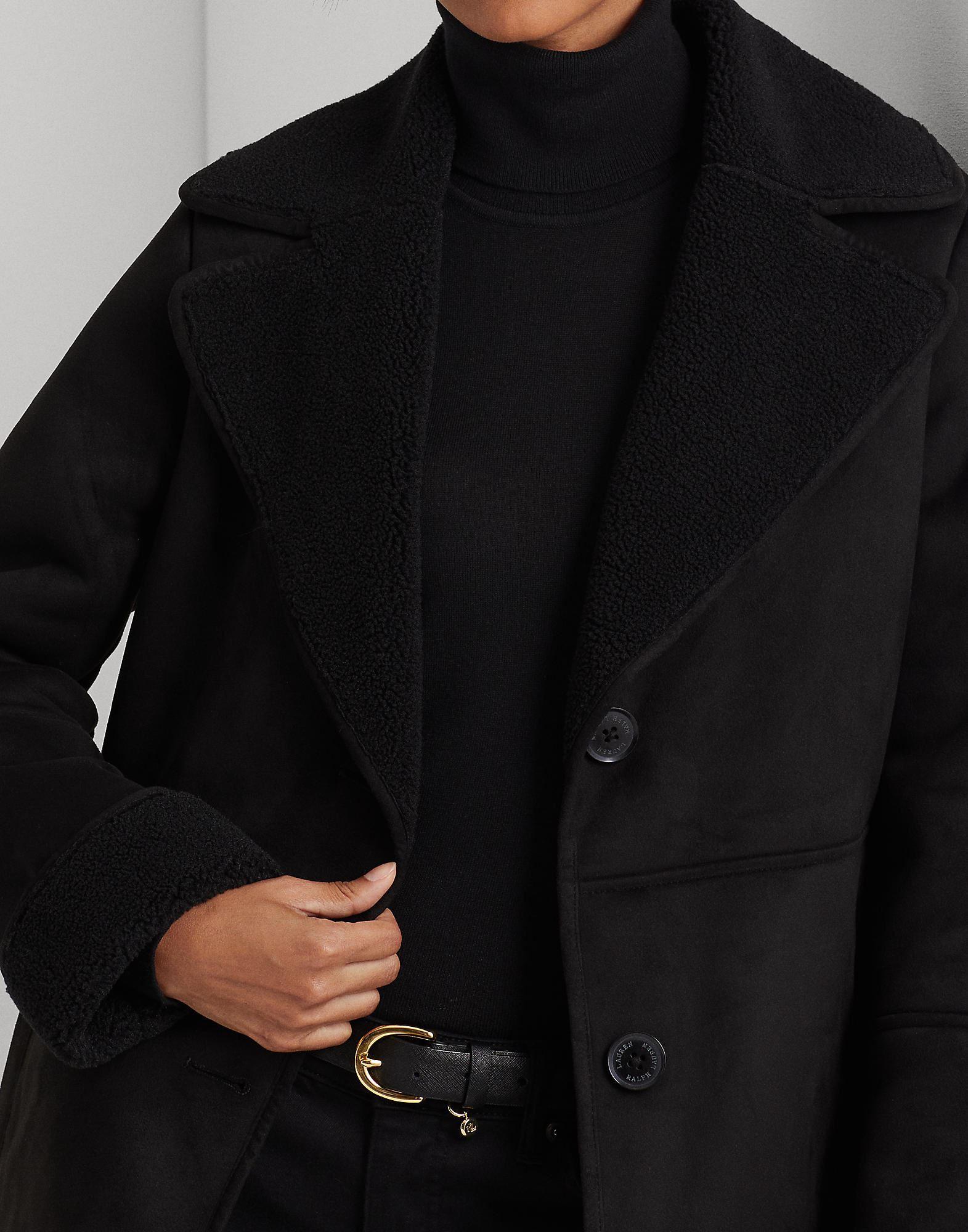 Lauren by Ralph Lauren Faux-shearling Coat in Black | Lyst