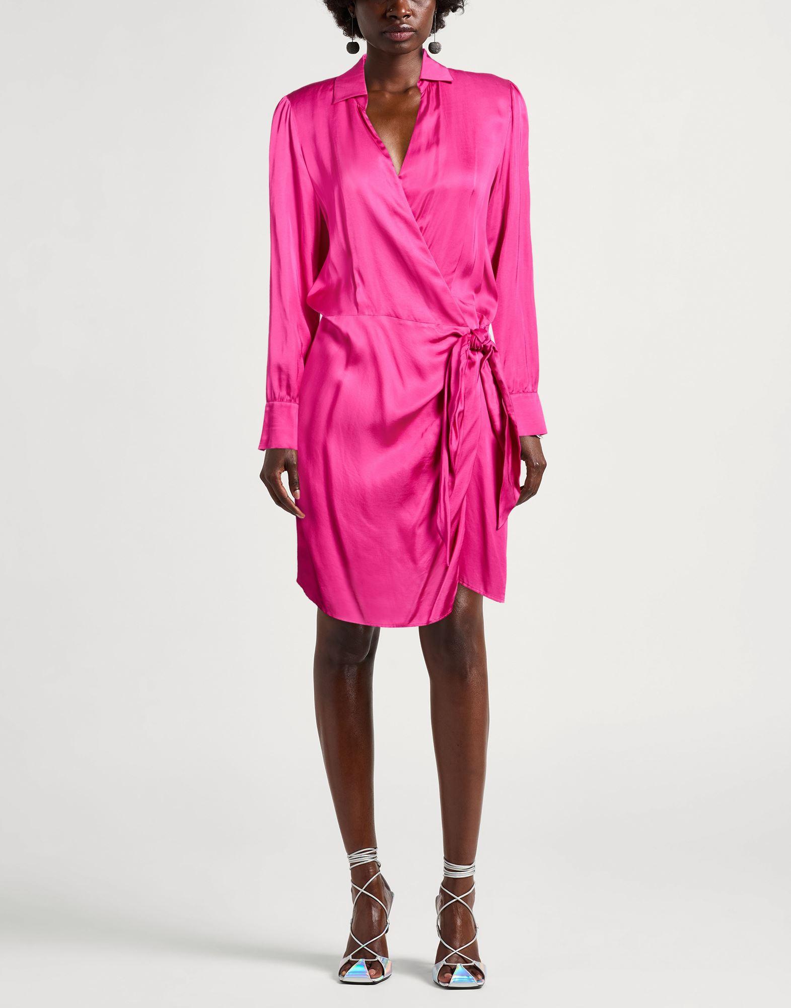 hot pink wrap dress long sleeve Hot Pink Faux Silk Wrap Midi Dress, Bishop Sleeves