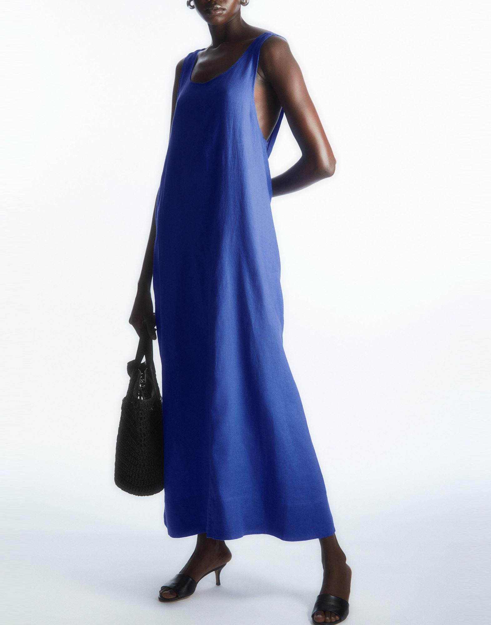cos gathered linen midi dress COS Gathered Linen Midi Dress in Blue